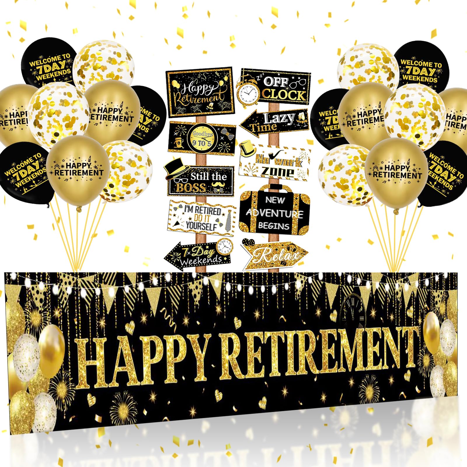 Black Gold Happy Retirement Banner Sign - Directional Retired Yard Sign & Balloons for Party Supplies