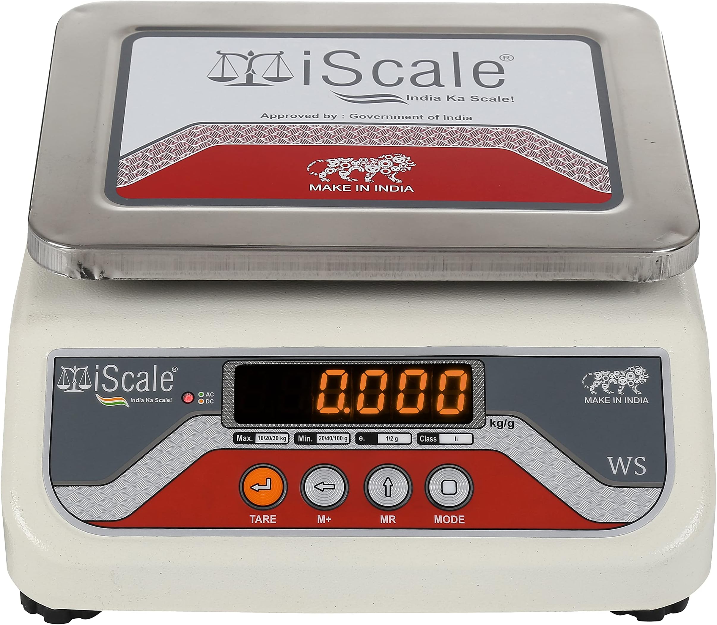 iScale i-03 20kg x 1g Digital Weighing Scale with Front and Back Red Double Display, Small Stainless Steel Pan, 7x9 for Kirana Shop, Grocery Store and Factory (Off-White)