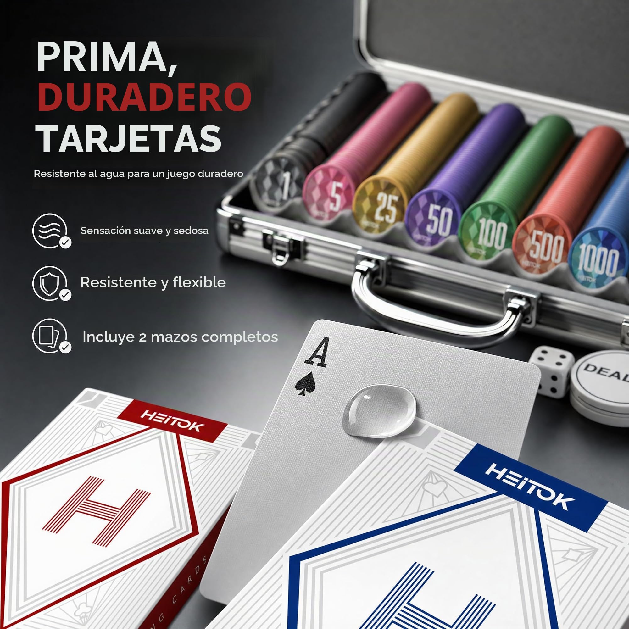 HEITOK Maletín de Póker 300 Fichas Numeradas 11.5g Peso Casino - Set Texas Hold'em con Estuche de Aluminio, Barajas, Dados y Botón Dealer de Metal para Noches de Juego Adultos | 11.5g, núcleo de hierro, valores numerados, 2-8 jugadores, maletín de alumini