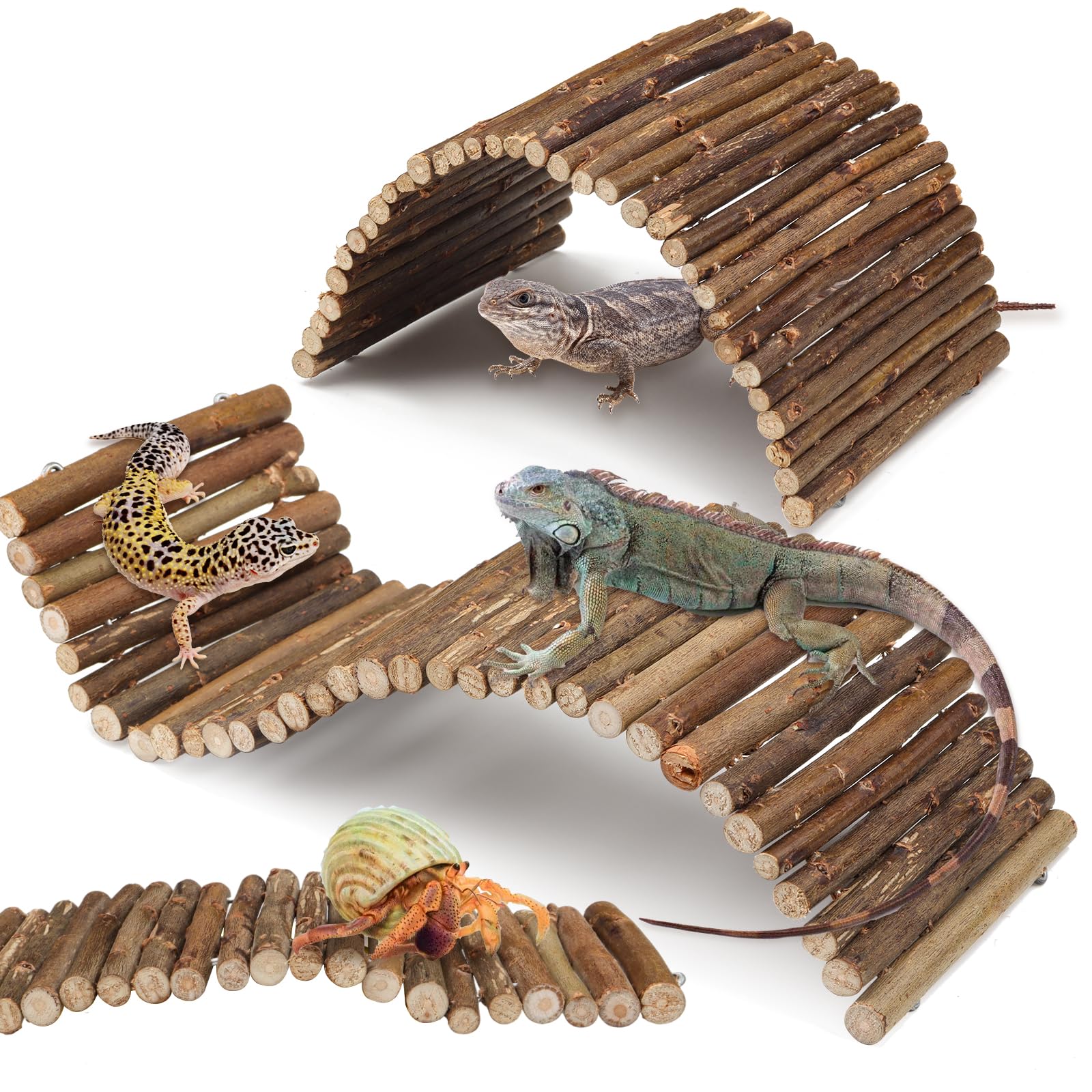QUOZUO 2PCS Reptile Hideout Hermit Crab Bendable Wooden Bridge, Hermit Crab Hideout Climbing Toys, Reptile Tank Habitat Decor Wooden Hiding Hut for Hermit Crab Lizards Mouse Spiders (medium and small)