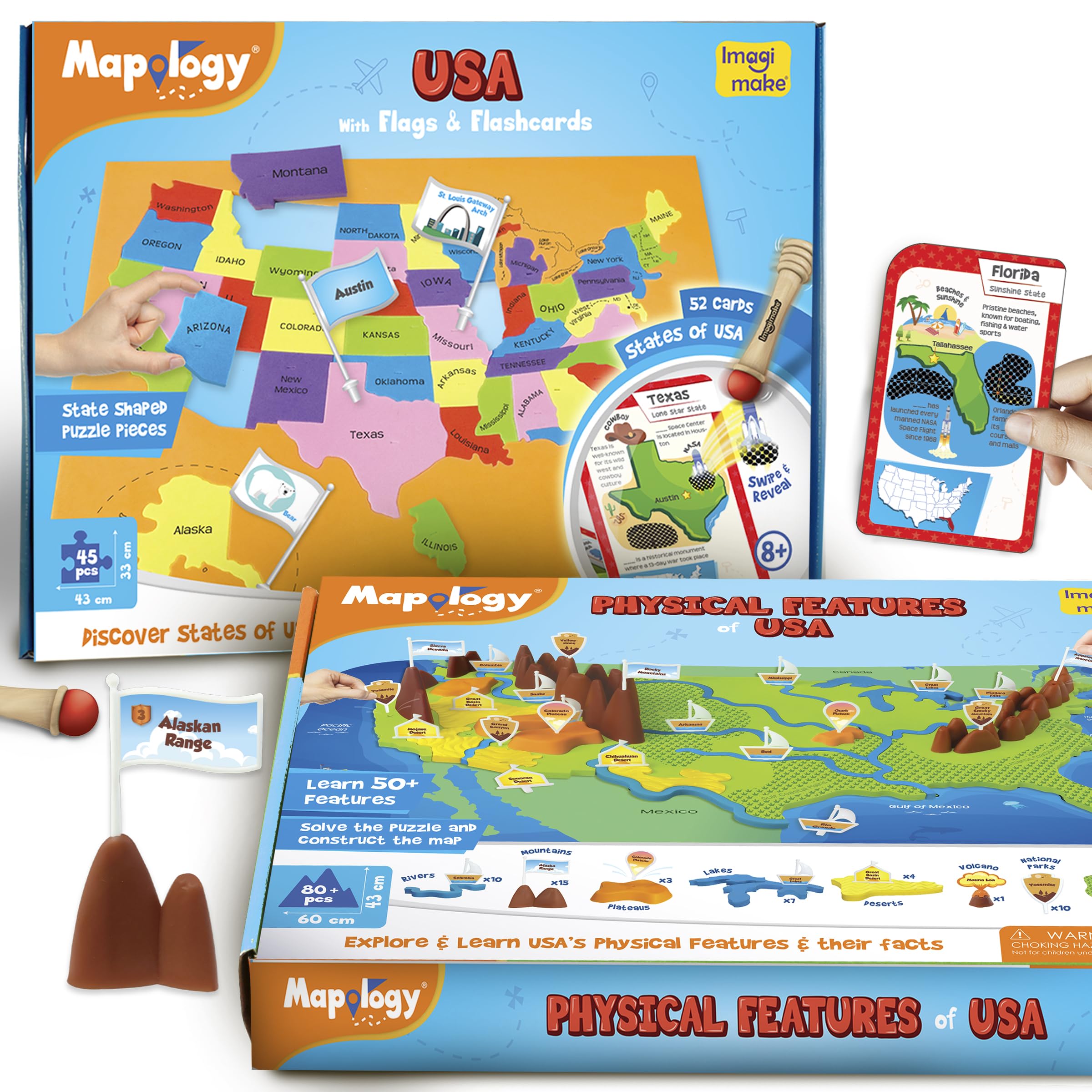 Imagimake Mapology United States Flash Card Puzzle with Flags, Country, Capitals & Physical Features Bundle - USA 3D Puzzle for Kids for Kids Ages 5 6 7 8 9 10 Years