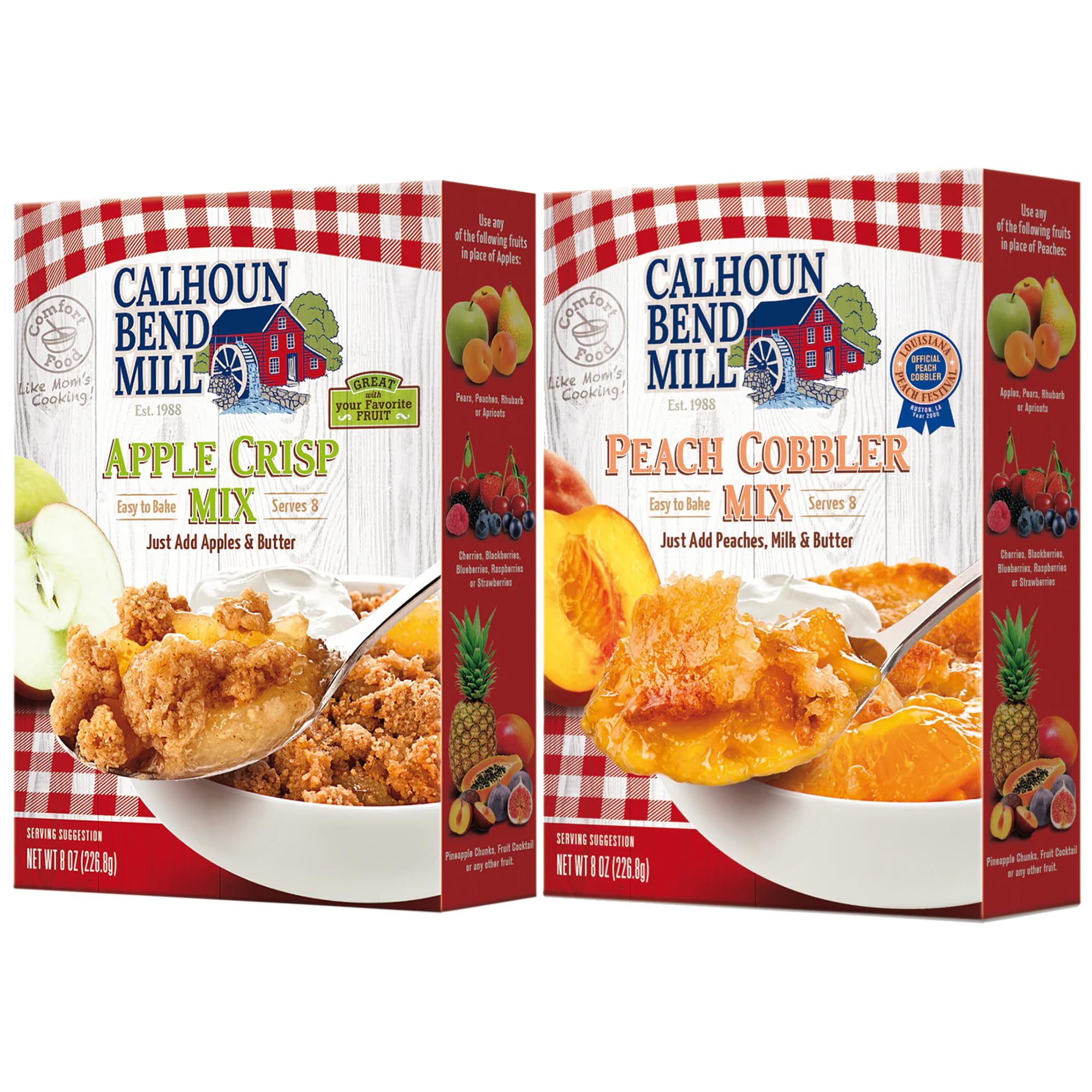 Calhoun Bend Mill Variety Bundle Mixes | Easy to Make Homemade Dessert for Apples, Peaches, Berries | Ideal for Gourmet Baking and Dessert Delights | Apple Crisp Mix - 8 Oz + Peach Cobbler Mix - 8 Oz