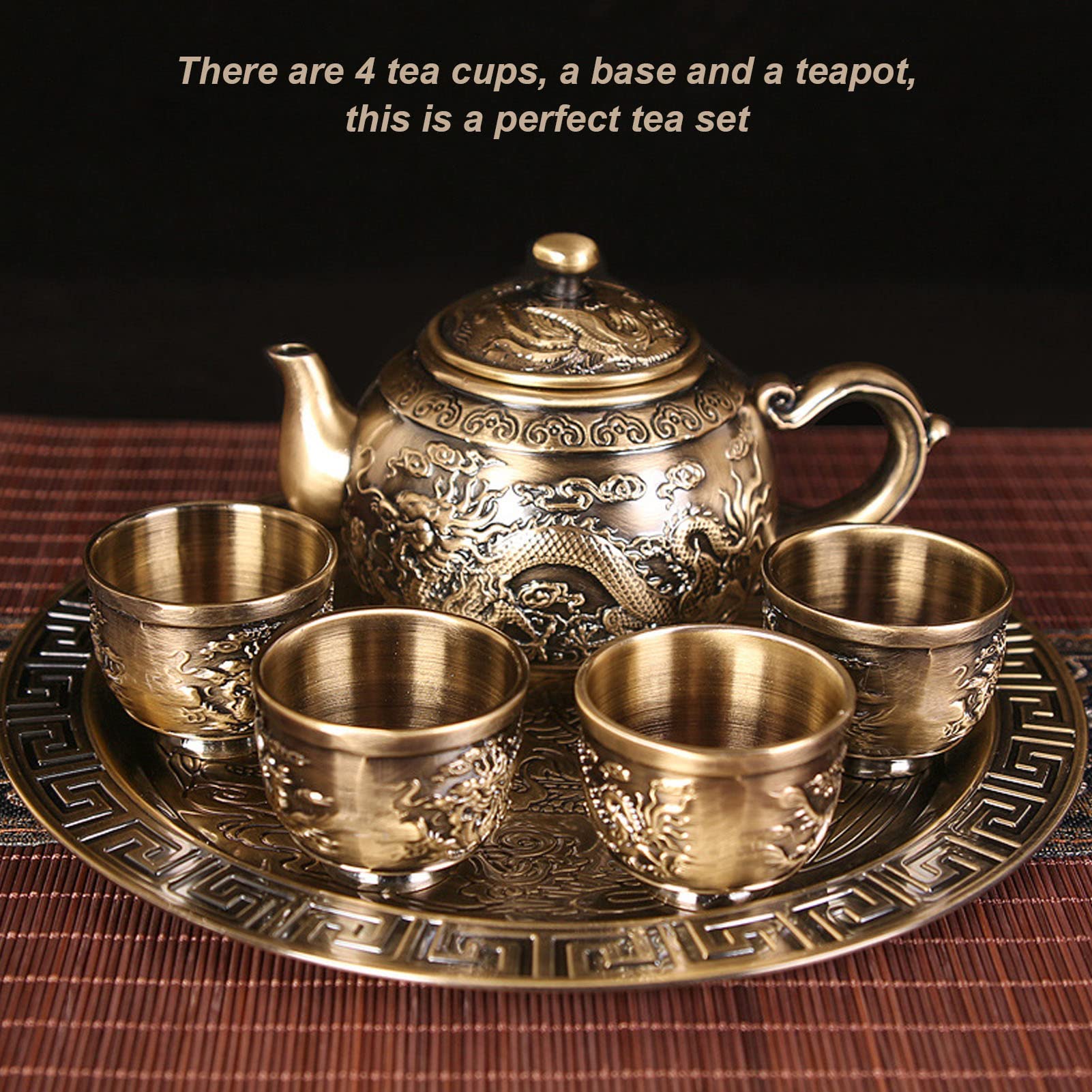 Vintage Metal Teapot Set, Tea Kettle Coffee Set Luxurious Relief Pattern Afternoon Tea Water Serving Set with Cups and Plate