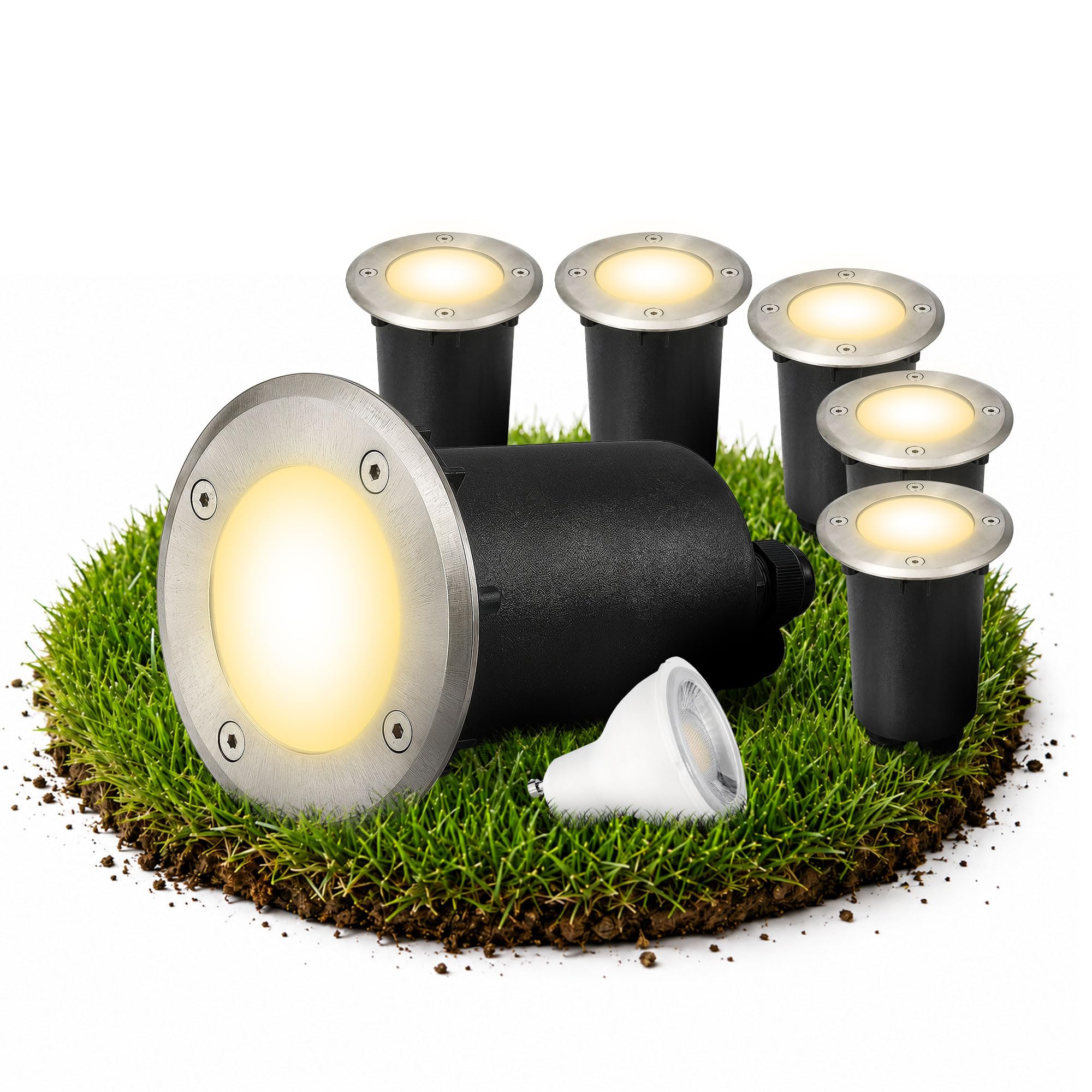 SSC-LUXon MARNE Bodenstrahler 6er Set rund IP67 GU10 2W warmweiß | Sechs befahrbare Erdstrahler rund - warmweiß, Milch- & Klarglas, Edelstahl für Wege, Terrasse & Garten, IP67, inkl. GU10 LED