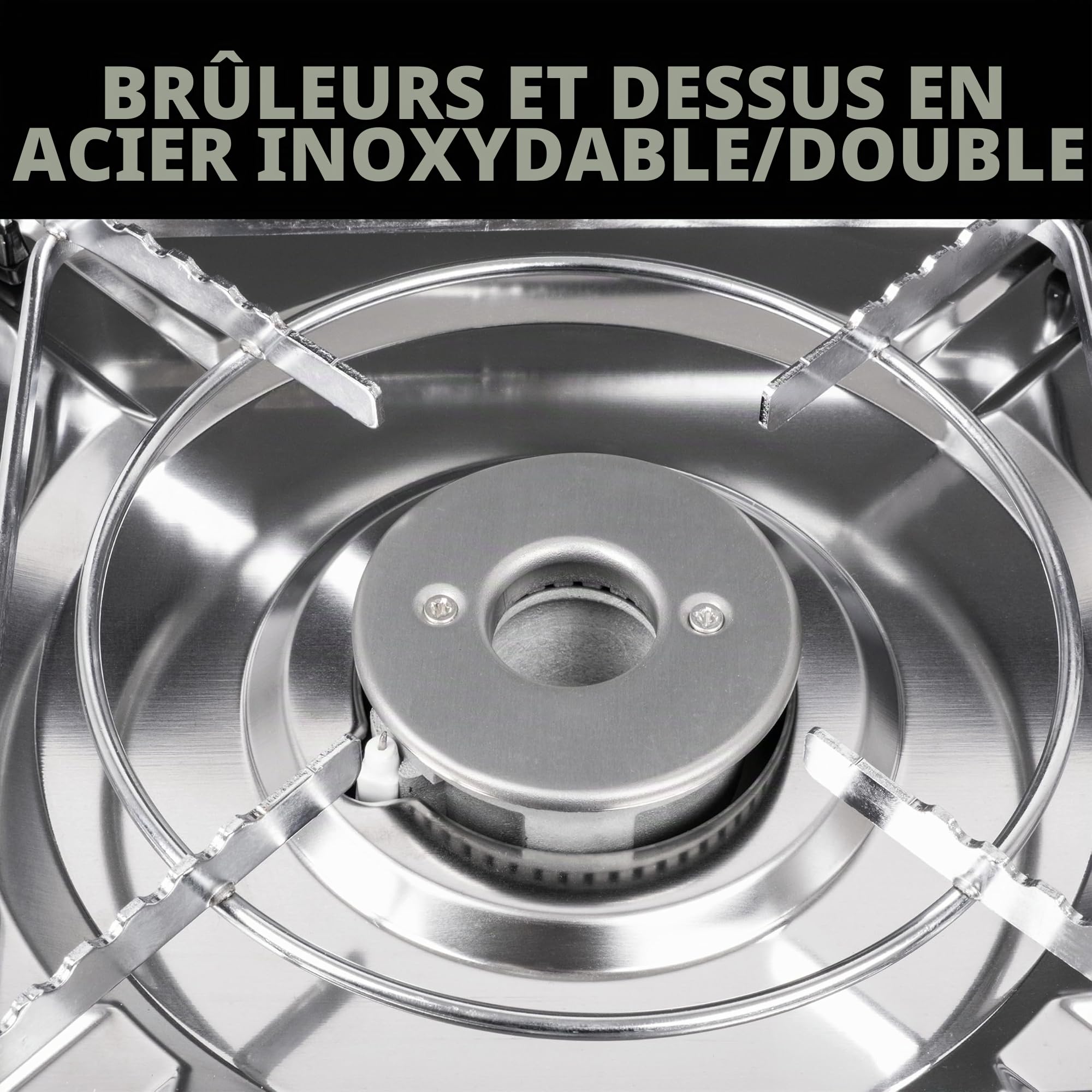 Brunner Cuisinière à gaz DEVIL KOOKMASTER GP - Double brûleur de 2,4 kW, allumage piézoélectrique, couvercle et poignée de transport, avec plaque lisse/rayée, 30mbar - Parfait pour la cuisine