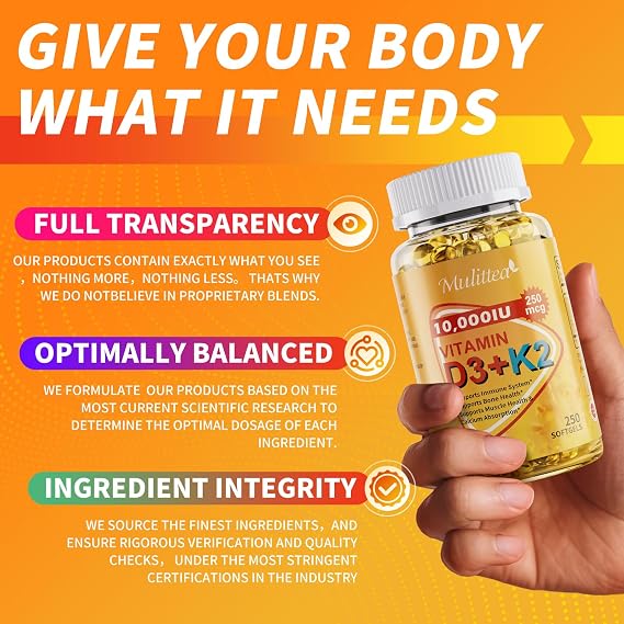 Vitamin D3 K2 10000 IU w/ MK7 for Bone, Immune & Heart Health, 250 Softgels