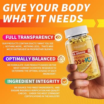 Vitamin D3 K2 10000 IU w/ MK7 for Bone, Immune & Heart Health, 250 Softgels