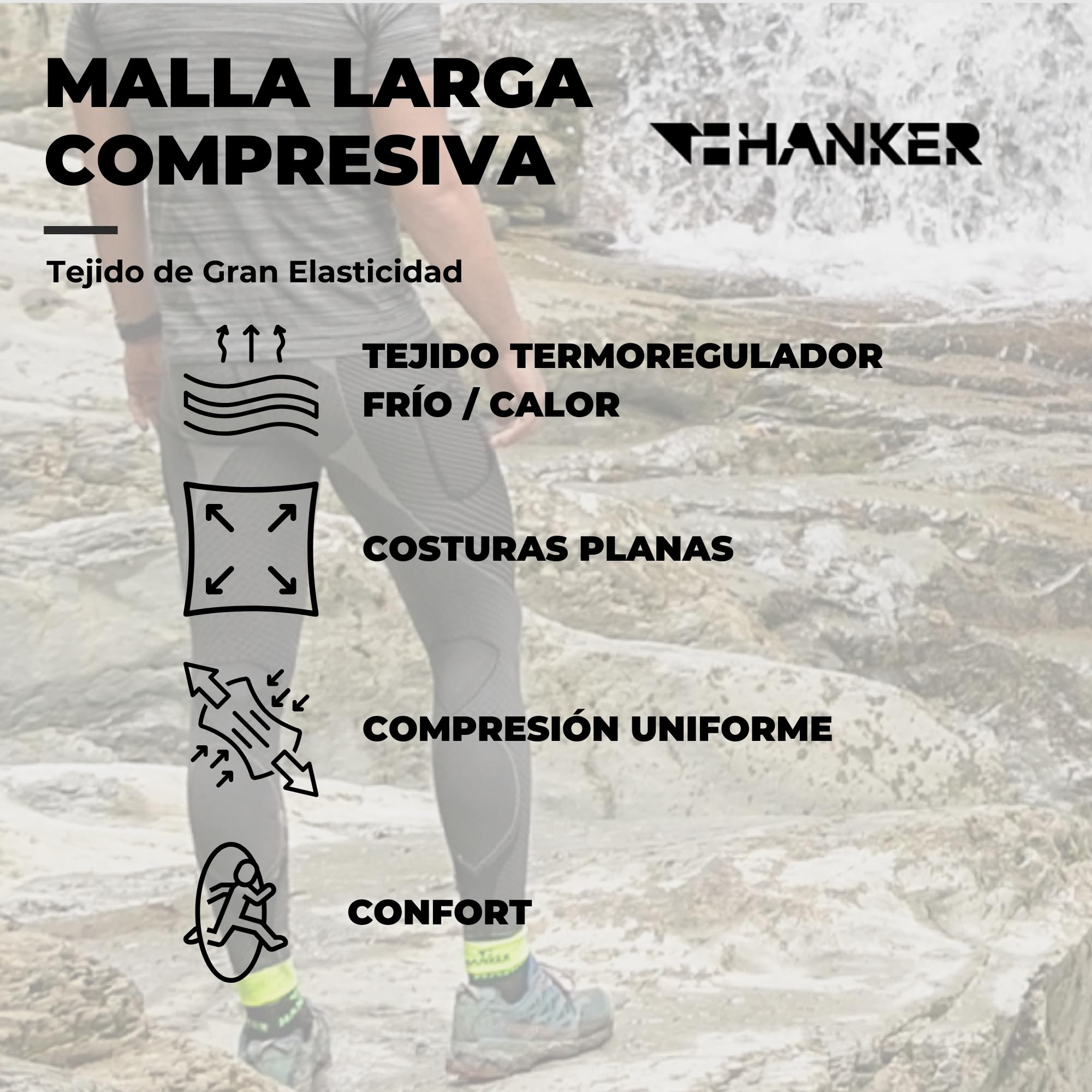 HANKER Mallas largas de compresión Unisex con Bolsillos para Running y Gym | 85% poliéster Soft Air Plus, 10% elastano, 5% poliamida, bolsillos, ajuste compresivo, para gym y trail