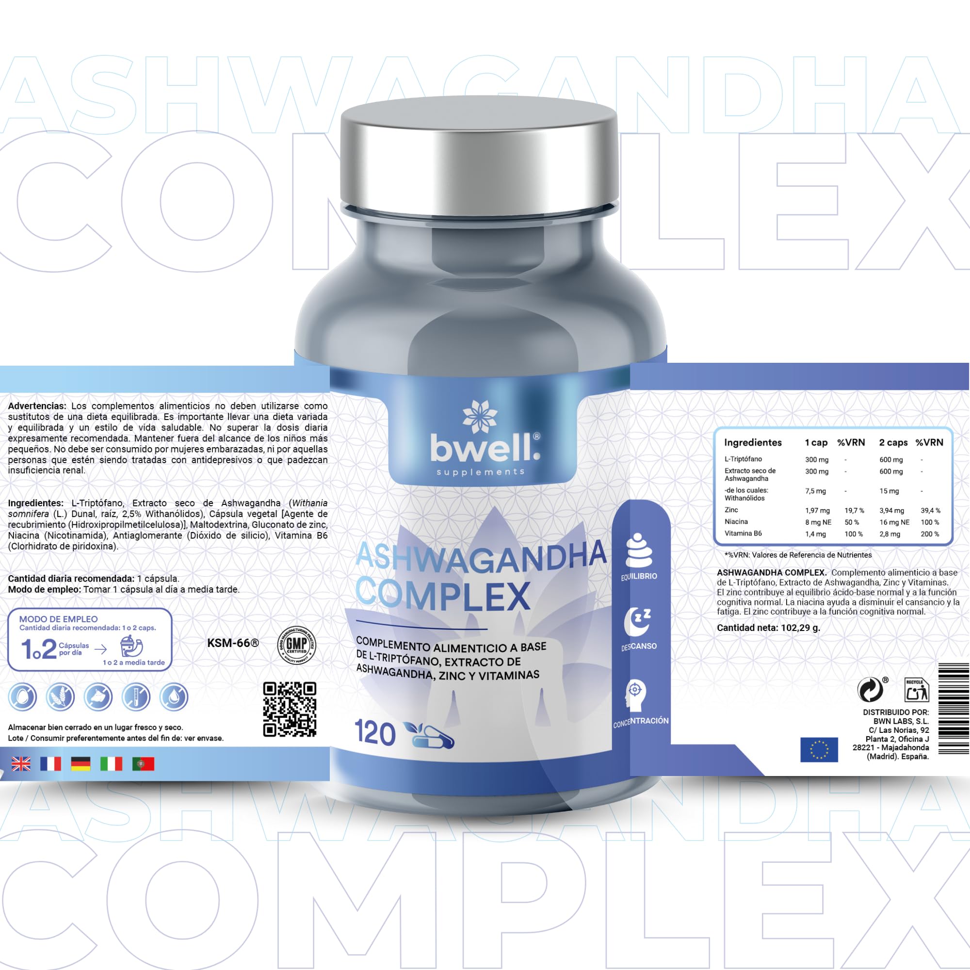 Ashwagandha Ksm-66 Pura 600mg Alta Biodisponibilidad Nootropico Natural 120 Capsulas para Cortisol Estres Sueño Sistema Inmunitario Extracto Raiz Zinc Triptofano Ingredientes Naturales sin OGM BWELL