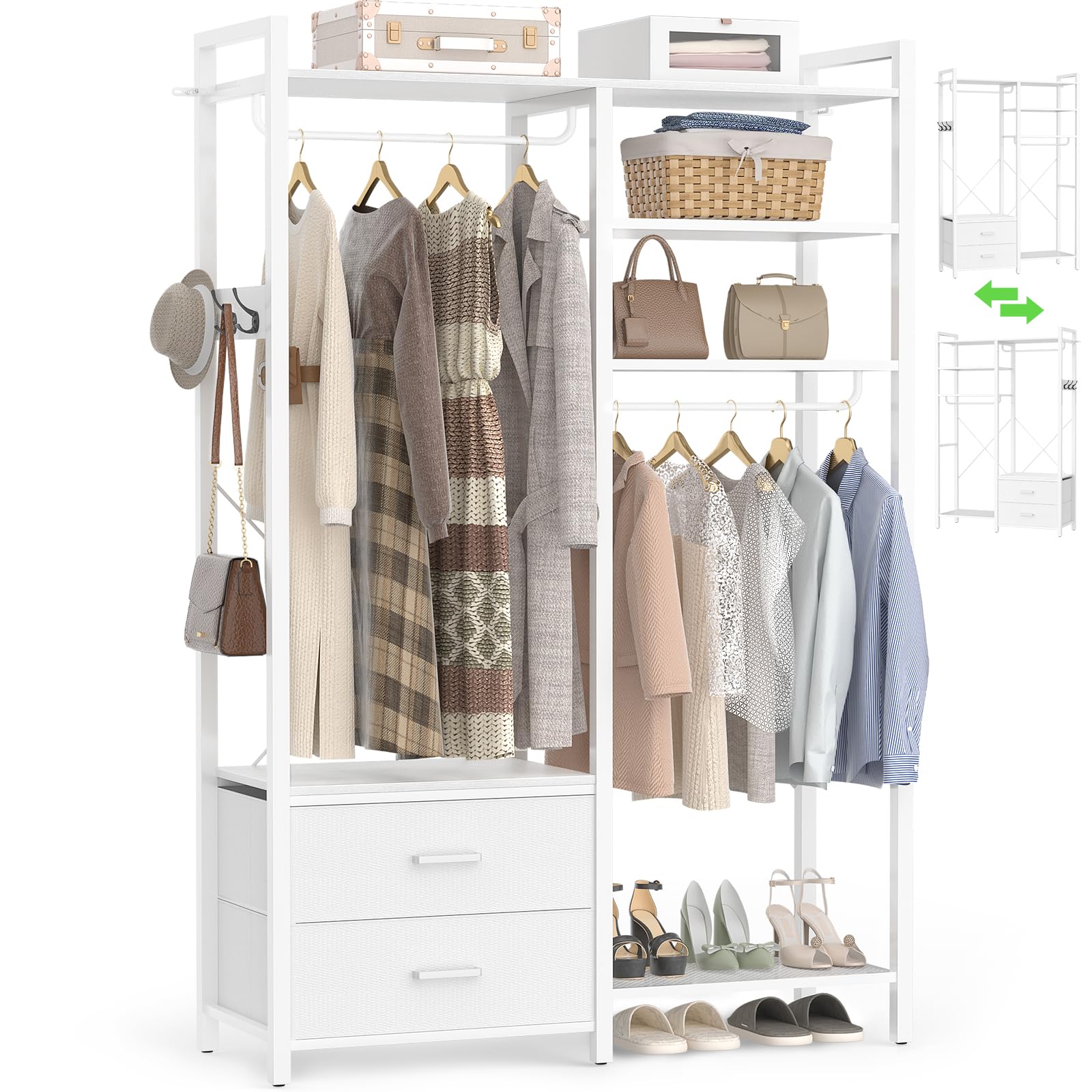 iSunirm 115cm Heavy Duty Clothes Rail with 4 Drawers, Open Wardrobe with 2 Hanging Rails and Shoe Shelf, Freestanding Garment Rack for Bedroom, White