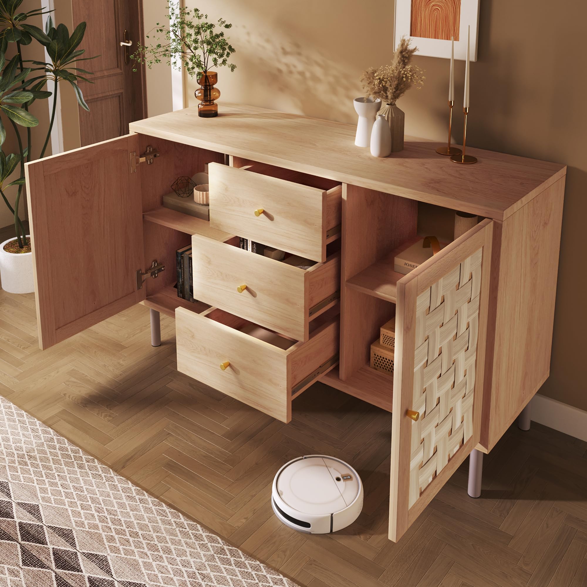 Credenza in stile rustico 120x40x75 cm, color rovere, con 2 ante, 3 cassetti, ripiani regolabili in altezza, gambe in metallo, sistema antiribaltamento, credenza per soggiorno, ingresso, cucina.