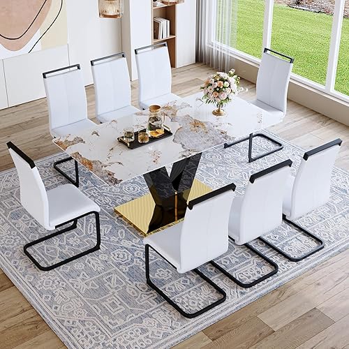 Miniatura 11 de Juego de mesa de comedor de 71 pulgadas para 6, moderno juego de mesa de comedor para 6, mesa de comedor de mármol con 6 sillas de comedor de piel