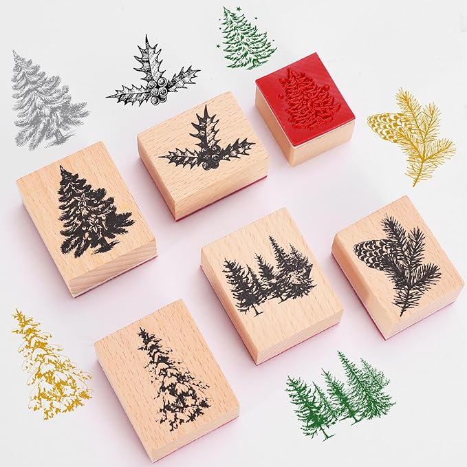 Whaline 10 Pcs Christmas Tree Wooden Rubber Stamps with Ink Pads Vintage Xmas Pine Tree DIY Craft Stamps for Winter Holiday Party Decor Scrapbooking Cards Making