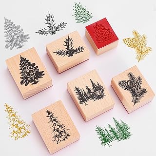 Whaline 10 Pcs Christmas Tree Wooden Rubber Stamps with Ink Pads Vintage...