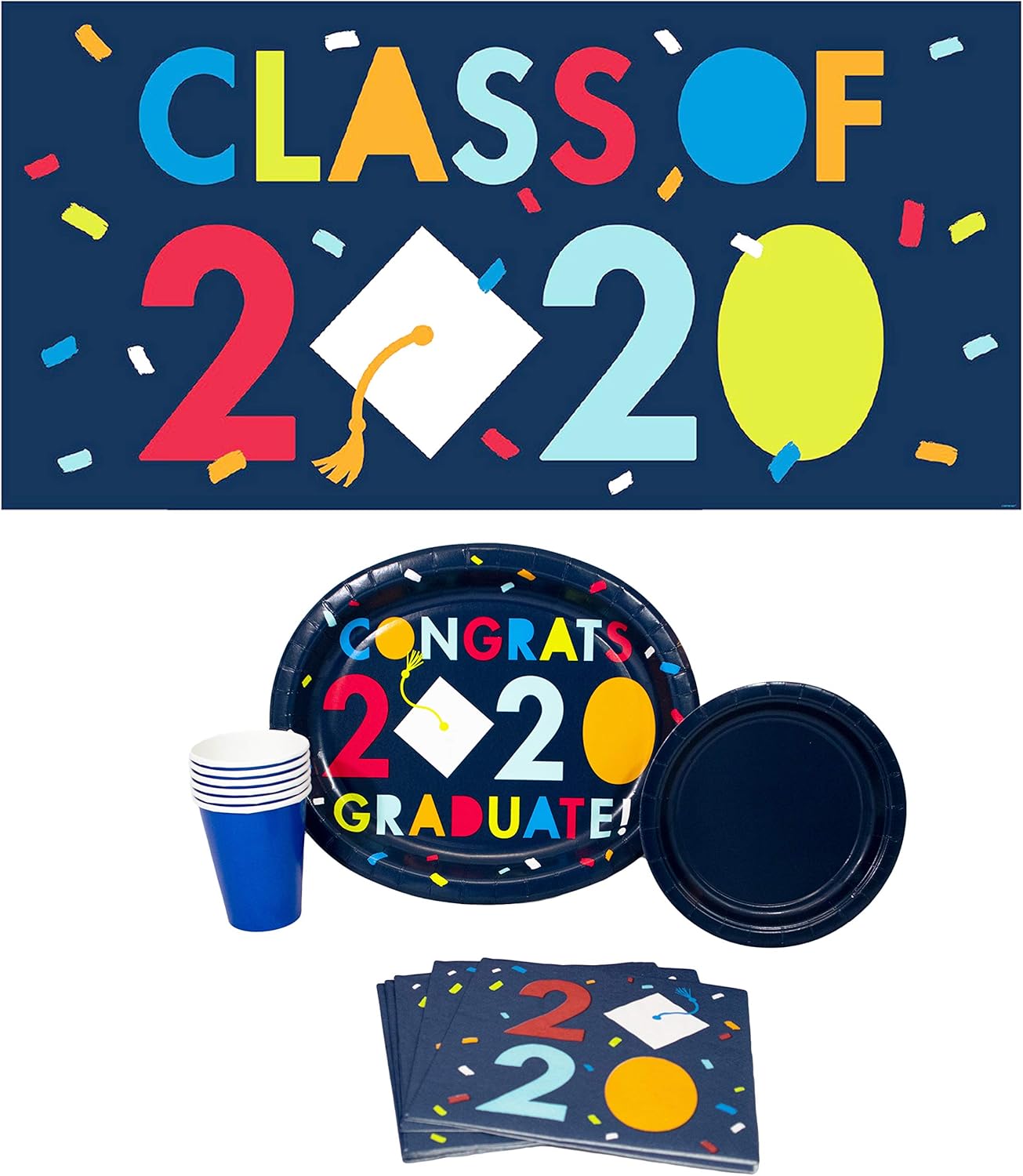 Stephanie Imports Graduate Class of 2020" Confetti! Disposable Paper Plates, Napkins, Cups and Banner (Set for 18)