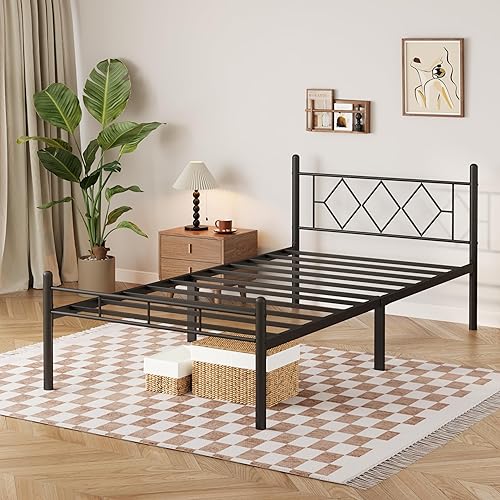 Miniatura 12 de Base de cama de tamaño matrimonial de 14 pulgadas, no necesita somier, plataforma de metal resistente con cabecera y estribo, sin ruido, soporte de