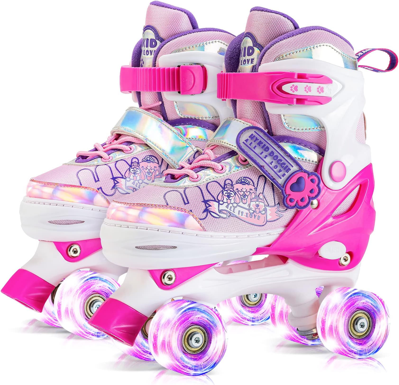 HYKID 4 Size Adjustable Roller Skates with Luminous Light Up Wheels,Safe for Girls Boys Kids Toddler, Trimmable Insole Included