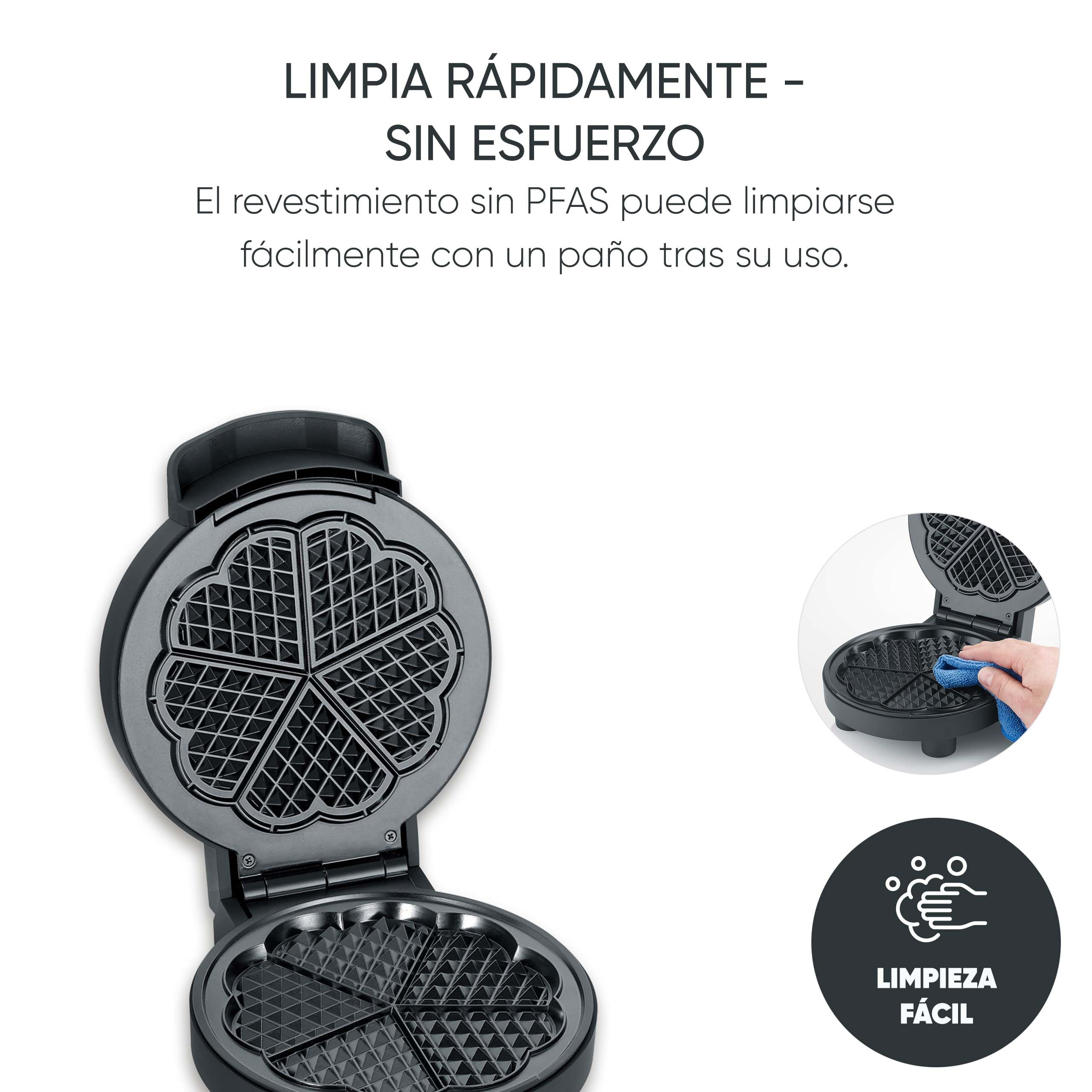 SEVERIN Gofrera Black Line, gofres con forma de corazón, revestimiento libre de PFAS, luz indicadora, práctico enrollador para el cable, 1000 W, negro/acero inoxidable, WA 2117