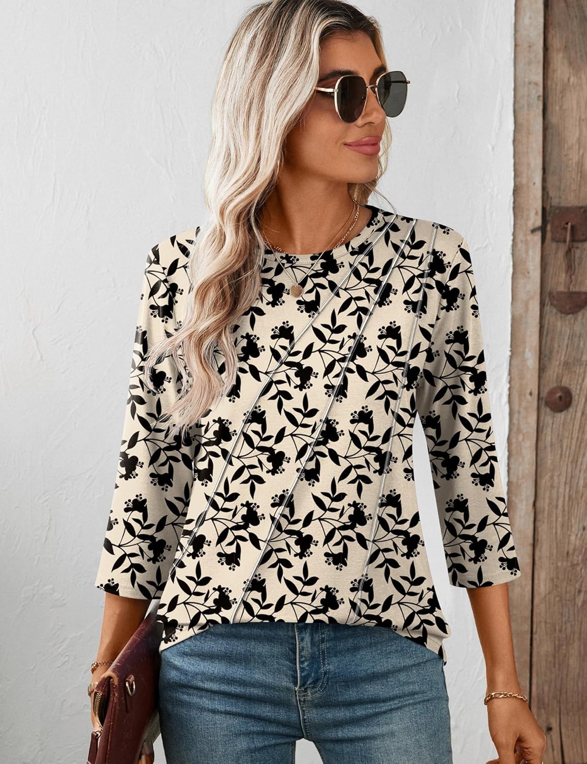 LOMON 3/4 Length Sleeve Womens Tops Spring Summer Fashion 2026 Tops Crew Neck Pleated Shirts Tunic Top Loose Fit - Image 5