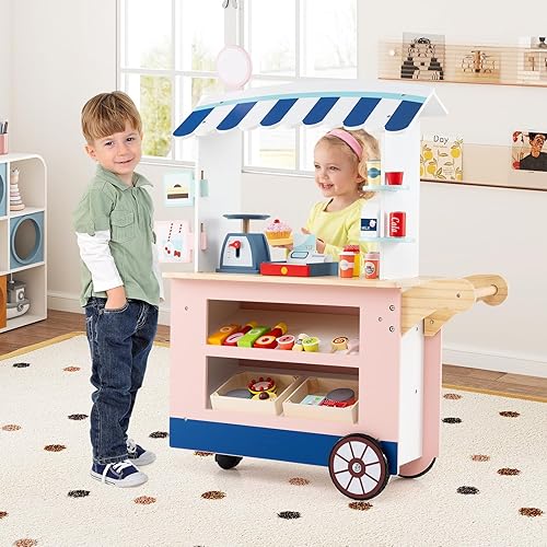 Miniatura 7 de Costzon Juego de tienda de comestibles para niños, juego de soporte de mercado de simulación para niños pequeños con juguete de juego de 30 piezas,