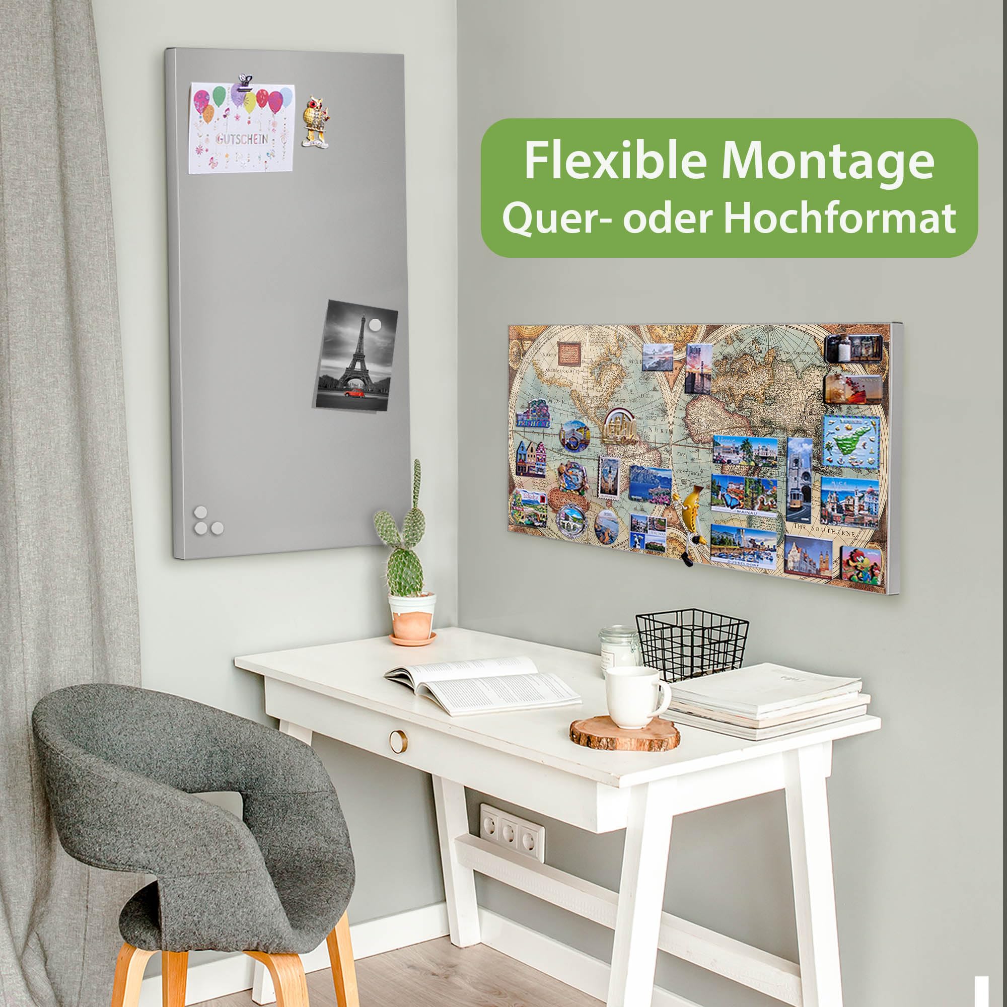 banjado Magnettafel Metall 78 x 37cm - beschreibbare Magnettafel - Metall Pinnwand als Memoboard - Magnetwand Küche, Büro, Kinderzimmer Grau inkl. 4 Magnete & Montageset - Motiv Historische Weltkart
