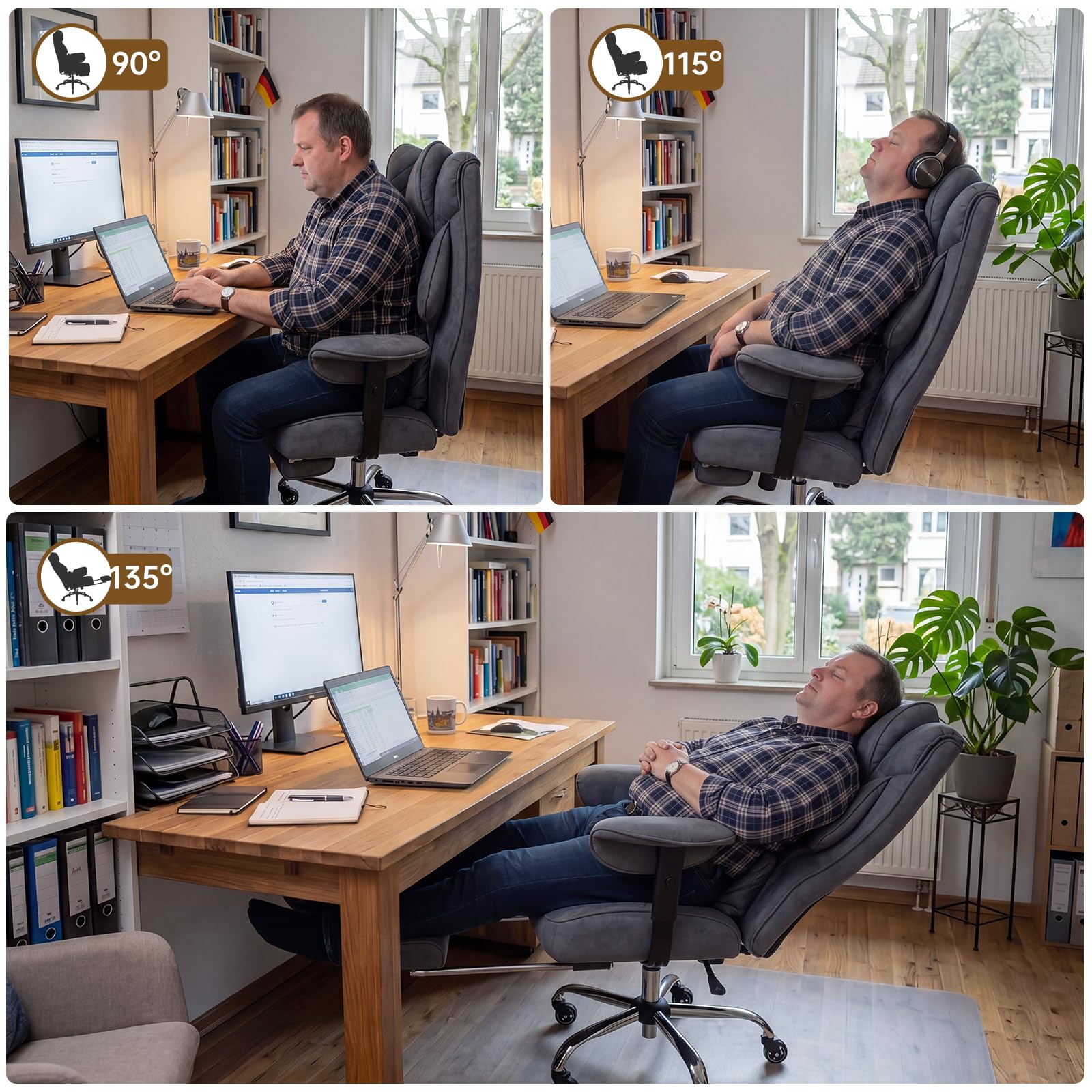 Ergonomischer Bürostuhl 200kg, XXL Chefsessel Fußstütze Homeoffice | XXL Schreibtischstuhl ergonomisch, 90–135° Rückenlehne, W-Form Sitzkissen, Lendenkissen, Wildlederimitat Grau