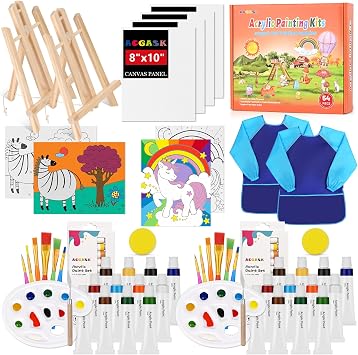 54 Pieces Acrylic Paint Set for Kids,Arts and Crafts Gifts ,Arts Supplies and Painting Kits for Kids with 8 Canvas Panels,2X 12 Paints,2 Art Smocks,2 Easels,Etc,Christmas Gifts