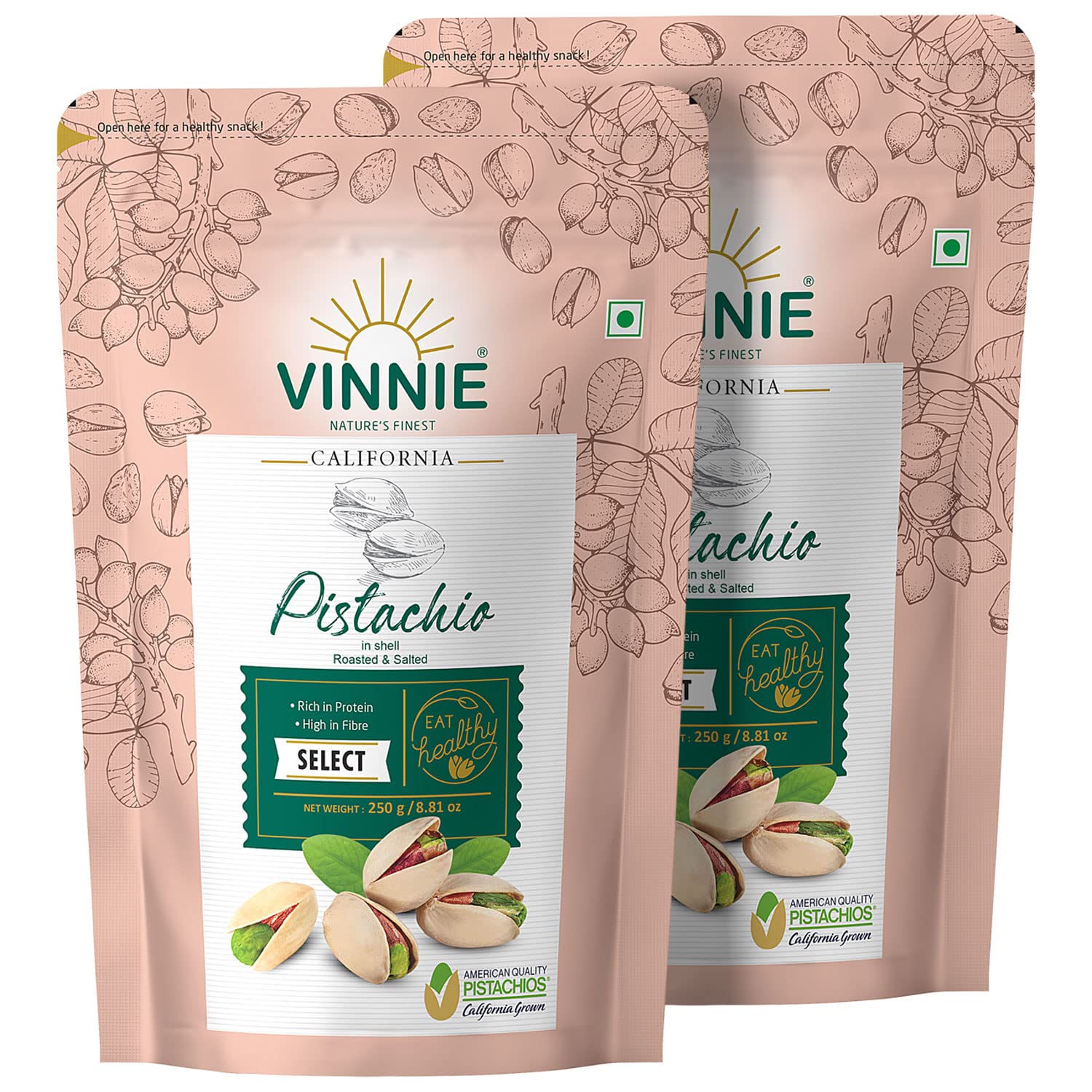 Vinnie California Select Inshell Pistachios - 250g (Pack Of 2) | Roasted & Salted | Natural Pista Fruit | Rich in Protein & High in Fiber | Premium Nuts & Dry Fruits | Shelled Nuts, Crunchy