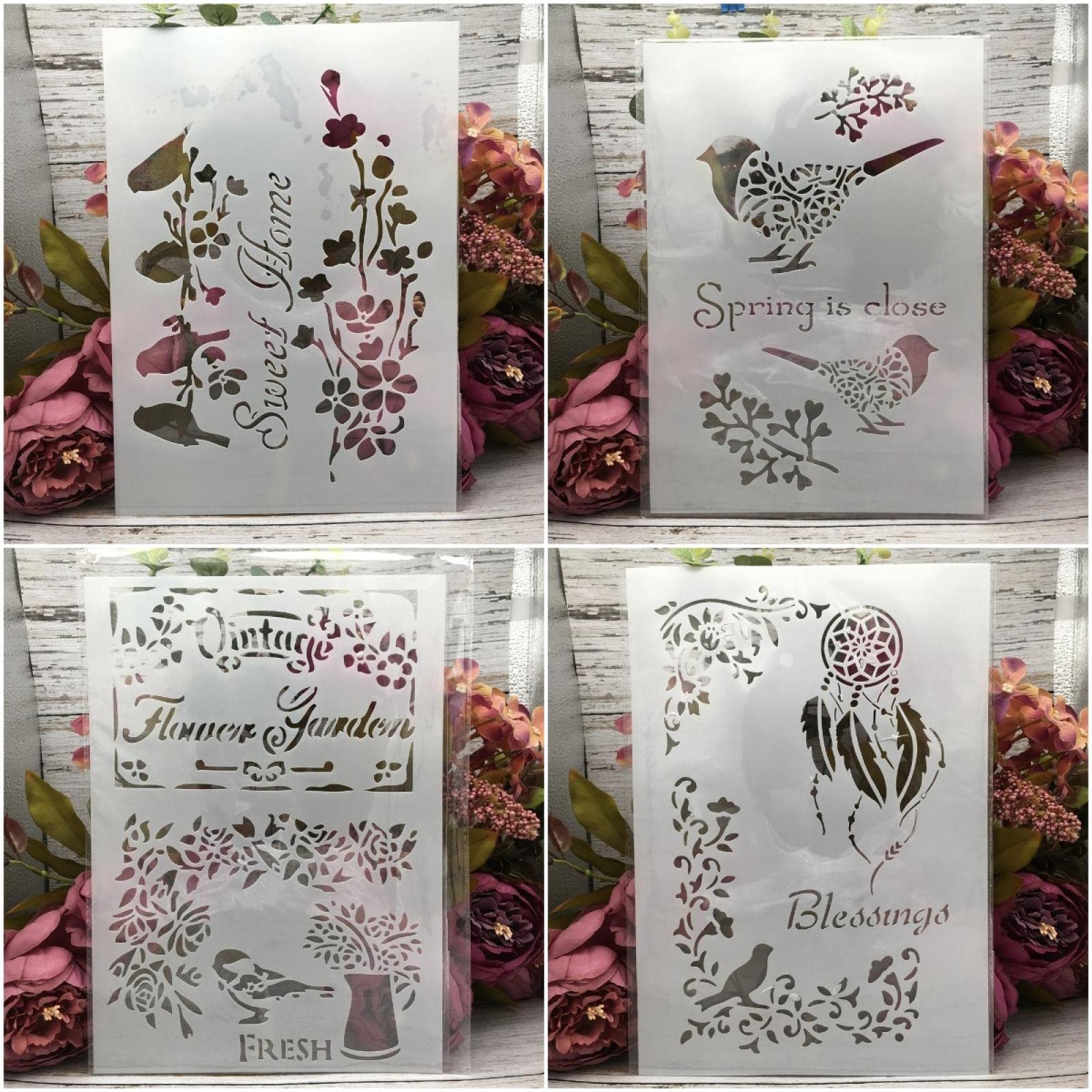 4 stencil A4 da 29 cm, motivo: uccellini, per dipingere su legno, riutilizzabili, per decorare la casa, stencil e modelli fai da te per cartelli, artigianato, arte