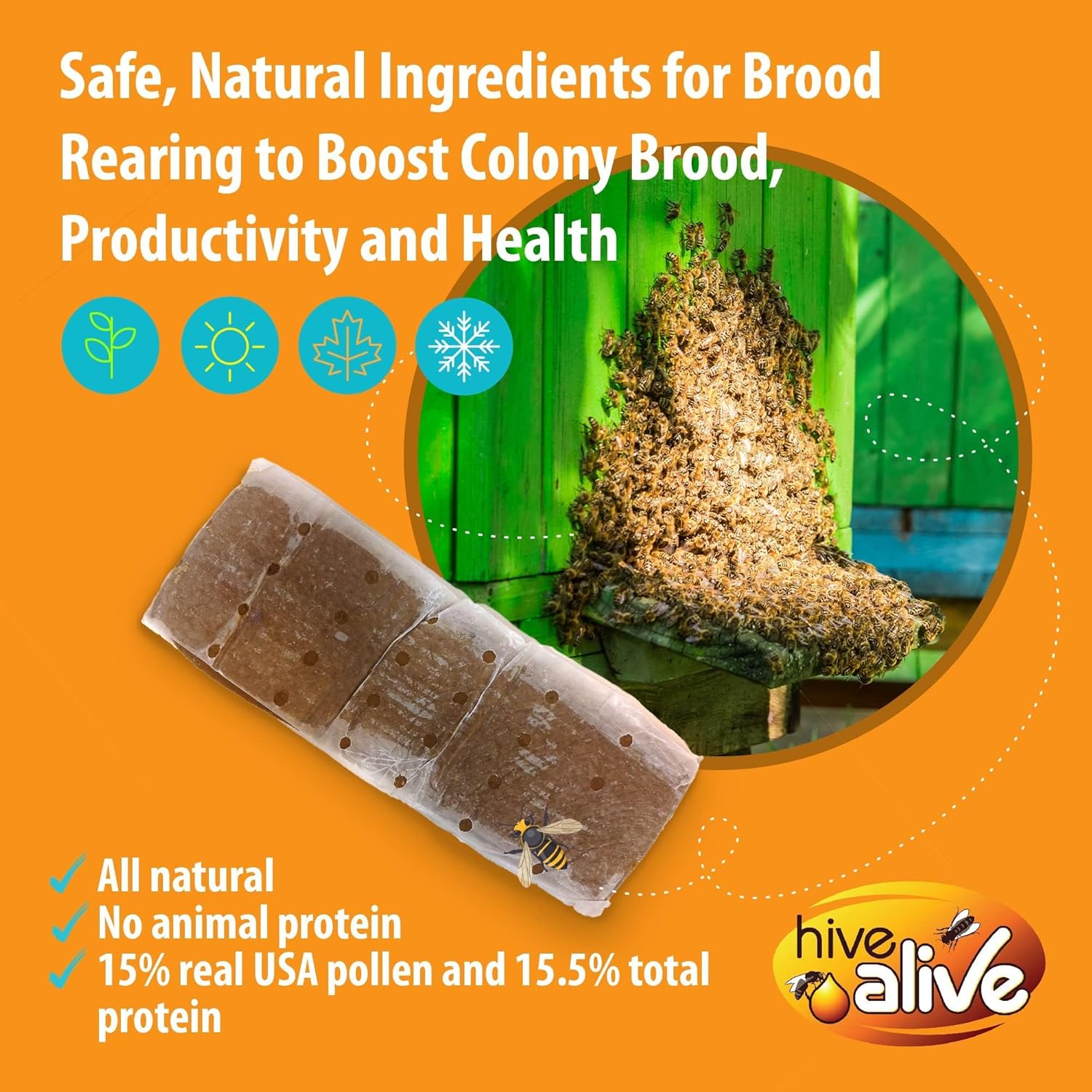 HIVE ALIVE Pollen Patty for Honey Bees – 10lb (10x1lb) Pollen Patties and Bee Food for Spring with 15% Real USA Pollen, Seaweed and Amino Acids to Support Brood and Colony Health