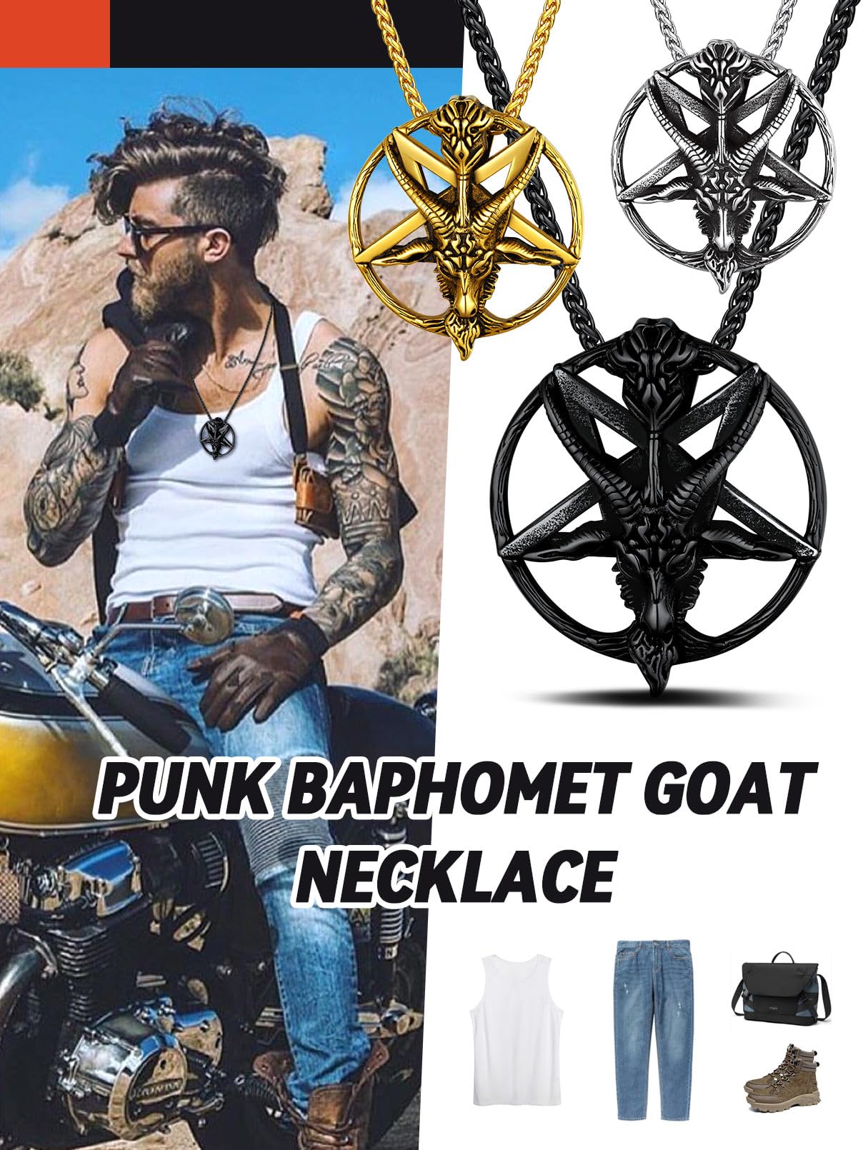 FaithHeart Męski wisiorek w stylu punkowym, szatan, głowa kozy, wisiorek w kształcie pentagramu, z symbolem runy, punk, gotyk, na Boże Narodzenie, Dzień Ojca, Walentynki