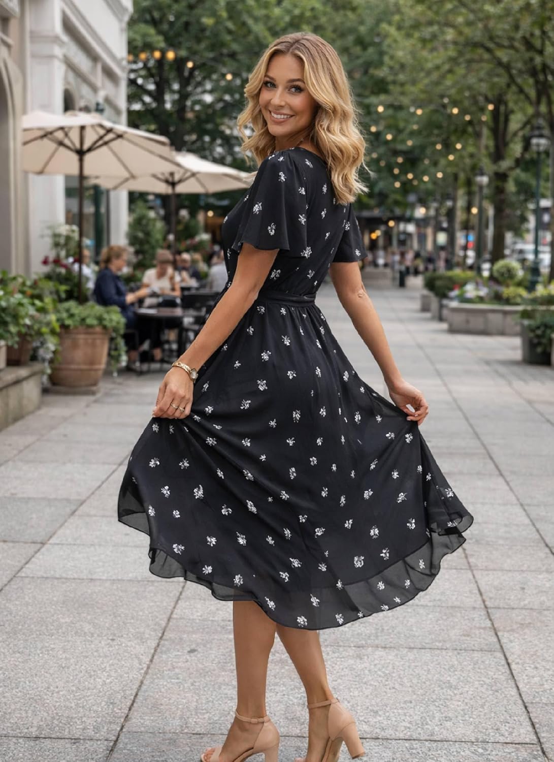 Summer Dresses for Women 2026 Floral Chiffon Dress Casual Short Sleeve Empire Waist Midi Dress Beach Vacation Outfits - Image 3