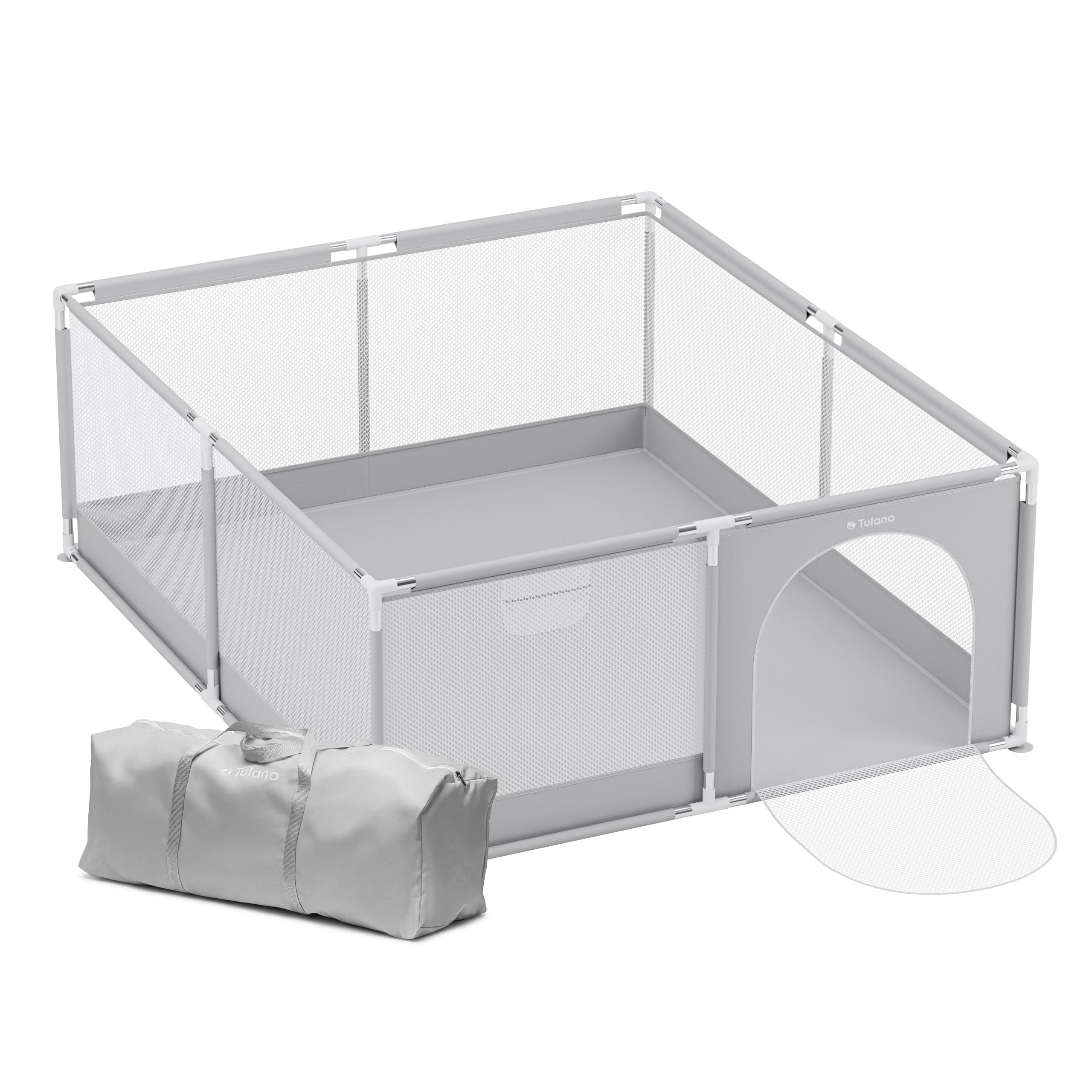 Tulano Cozy 25 – parc bebe xxl – parc enfant pour usage intérieur et extérieur – structure métallique stable – parois en maille – entrée zippée - Sac de Transport – 150x180-6 à 36 mois - Gris