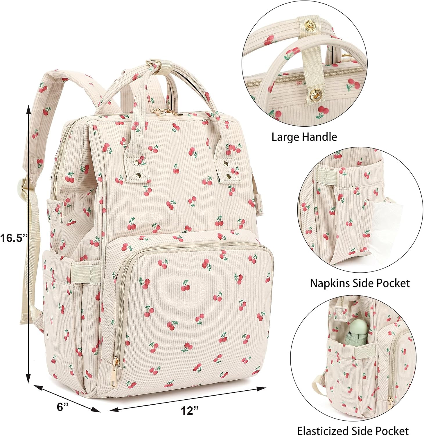 Corduroy Diaper Bag Backpack for Women, Large Capacity Baby Bag for Mom and Girls Boys with Stroller Straps (Cherry)