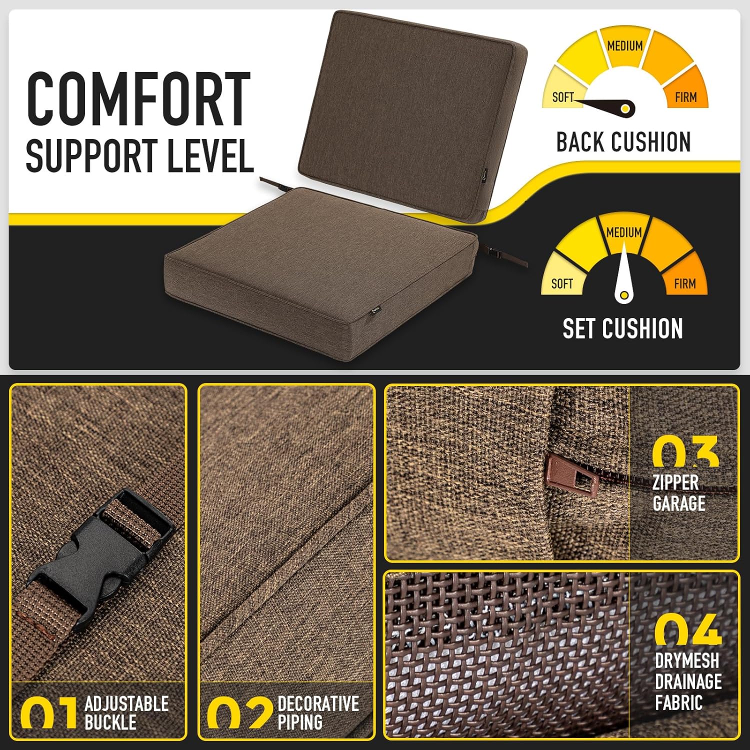 SUNROX All-Weather DryFast Foam Outdoor Patio Furniture Cushions, FadeShield Water Resistant Deep Seat Cushion with DryMesh Drainage, Durable Low Maintenance Couch Cushion, 24"x24"x4" Heather Chestnut