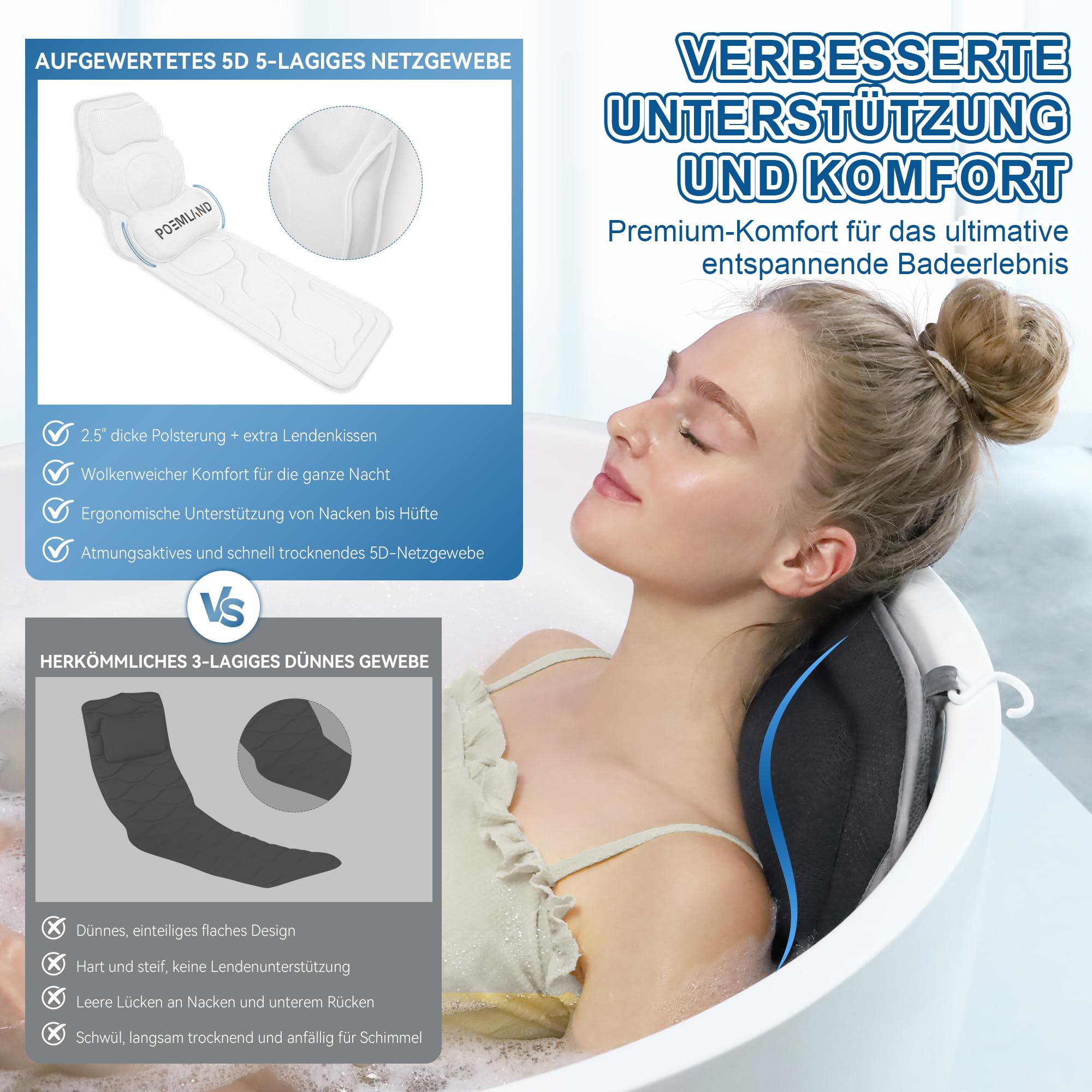 Poemland Luxus Dicke, volle Körper Badewannenkissen Mat & Cushion für Badewanne Kopfstütze Hals Schulter unterstützt Comfort Entspannung Spa Accessories