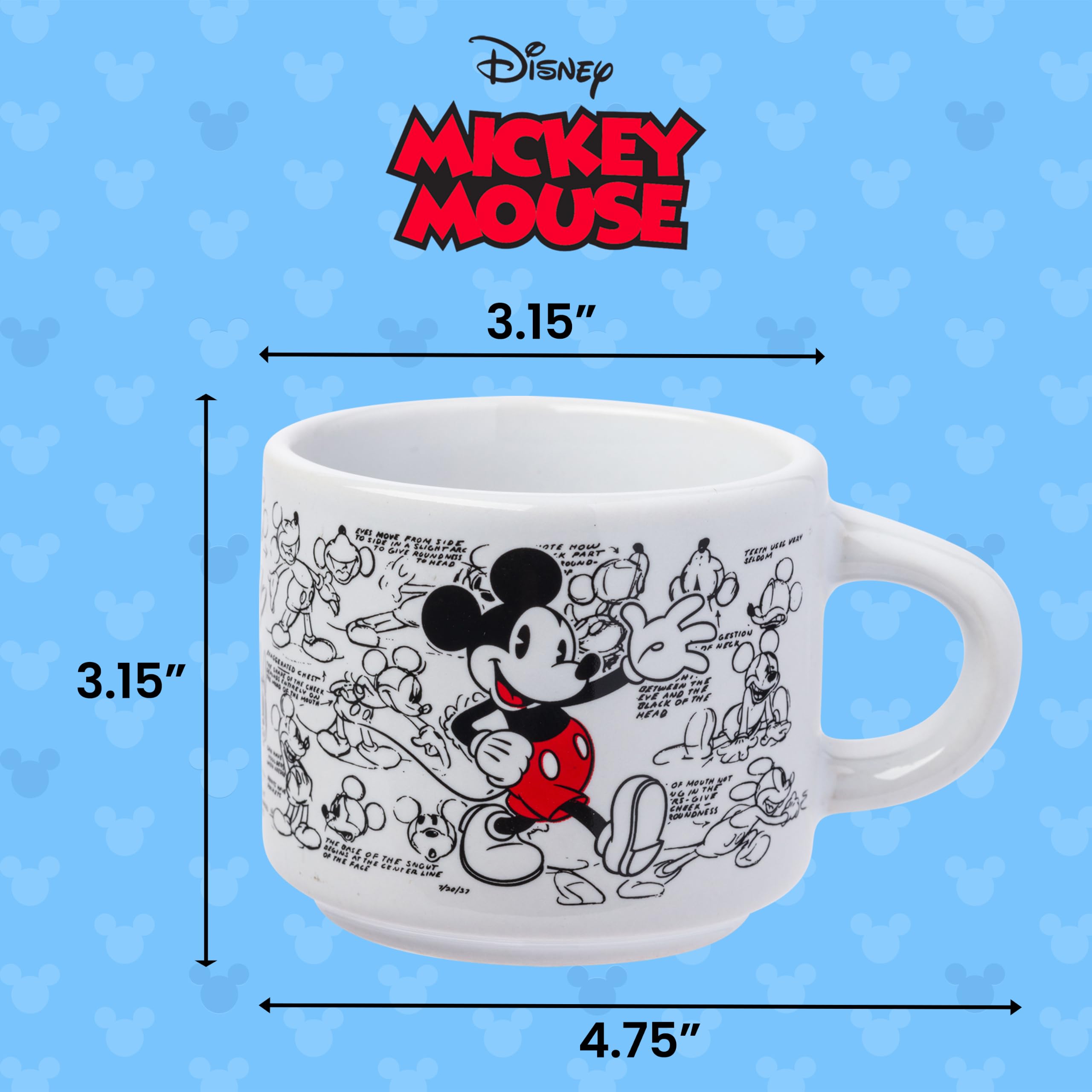 Silver Buffalo Disney Mickey Mouse Vintage Sketches Art 4-teiliges stapelbares Keramik-Espresso-Tassen-Set, 85 ml