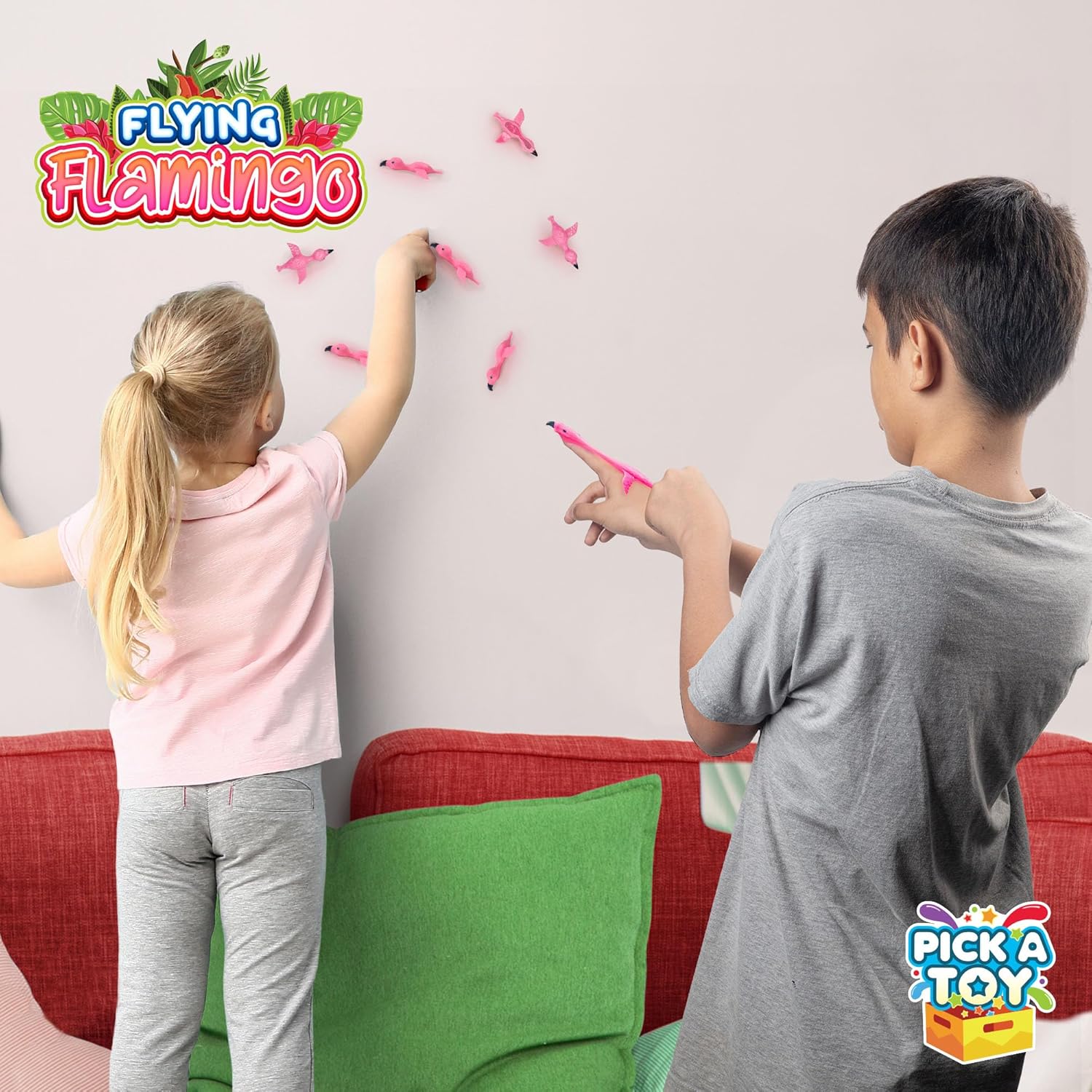 PICK A TOY 36 Pcs Flamingo Party Favors Toys for Kids, Bird Shooter Game Finger Flingers, Tropical Themed Decorations, Kids Prizes, Flying Rubber Chickens Slingshot, Easter Basket Stuffer - Image 5