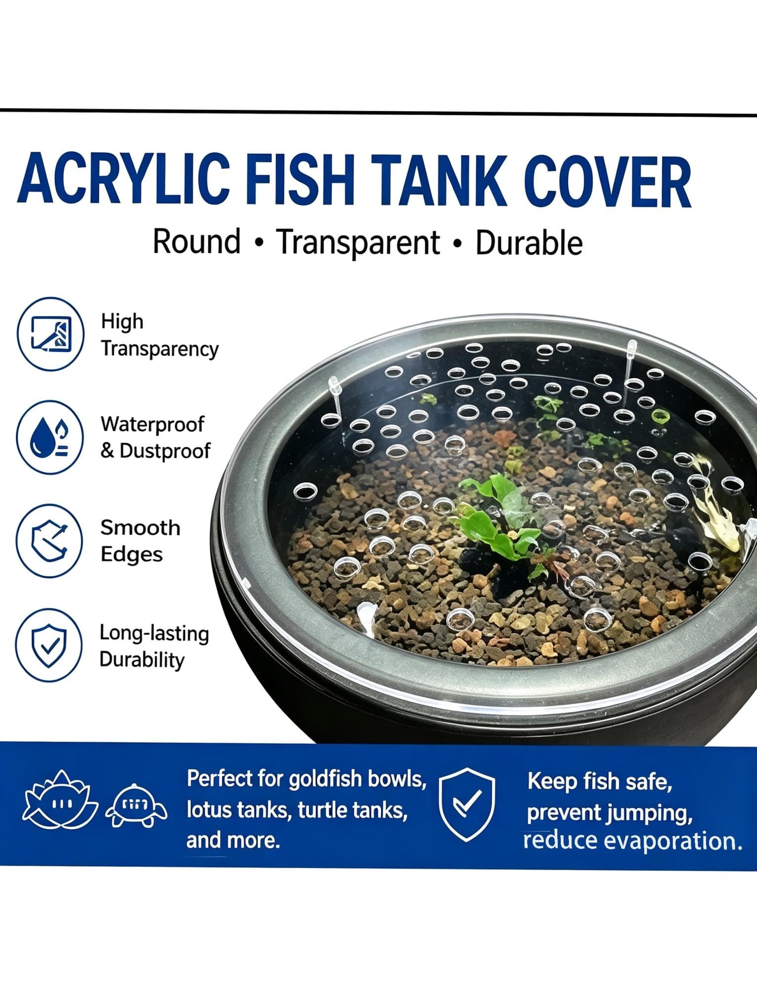 Tapa Redonda de acrílico Transparente para acuarios, 8–50cm