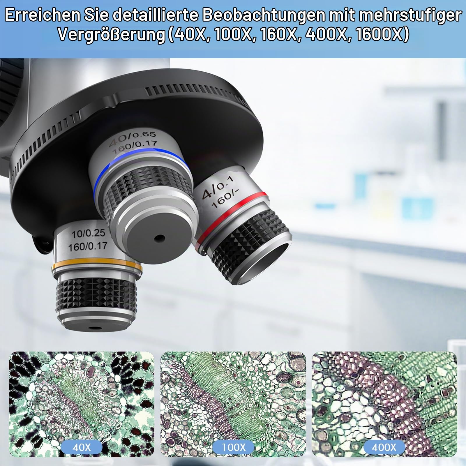 Binokular Mikroskop für Erwachsene, 40X-1600X Vergrößerung | mit dualer LED-Beleuchtung, Biologisches Bildungsmikroskop mit Vollständigem Starter Kit mit 25+ Zubehörteilen