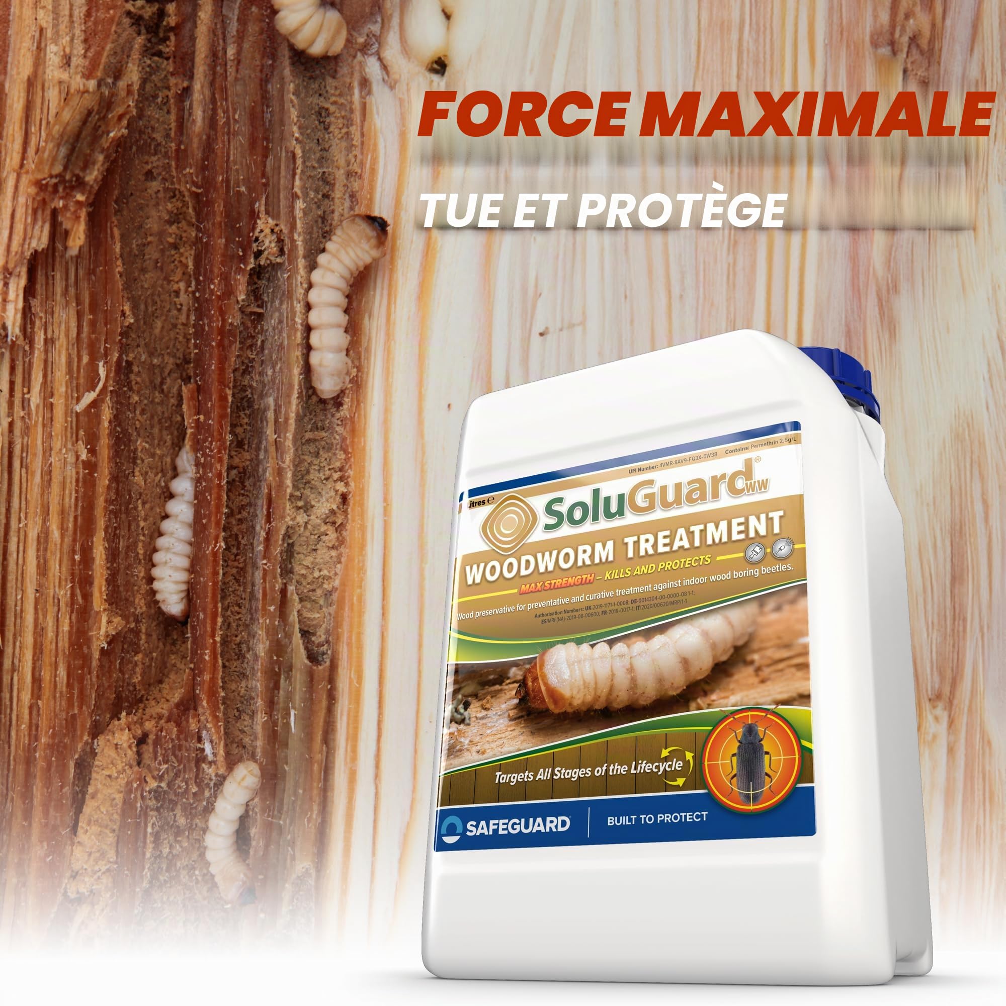 Soluguard Traitement Larves, Vers et Termites (5L) - Contre les Insectes Xylophages détruisant le Bois - Prêt à l'emploi et très Puissant