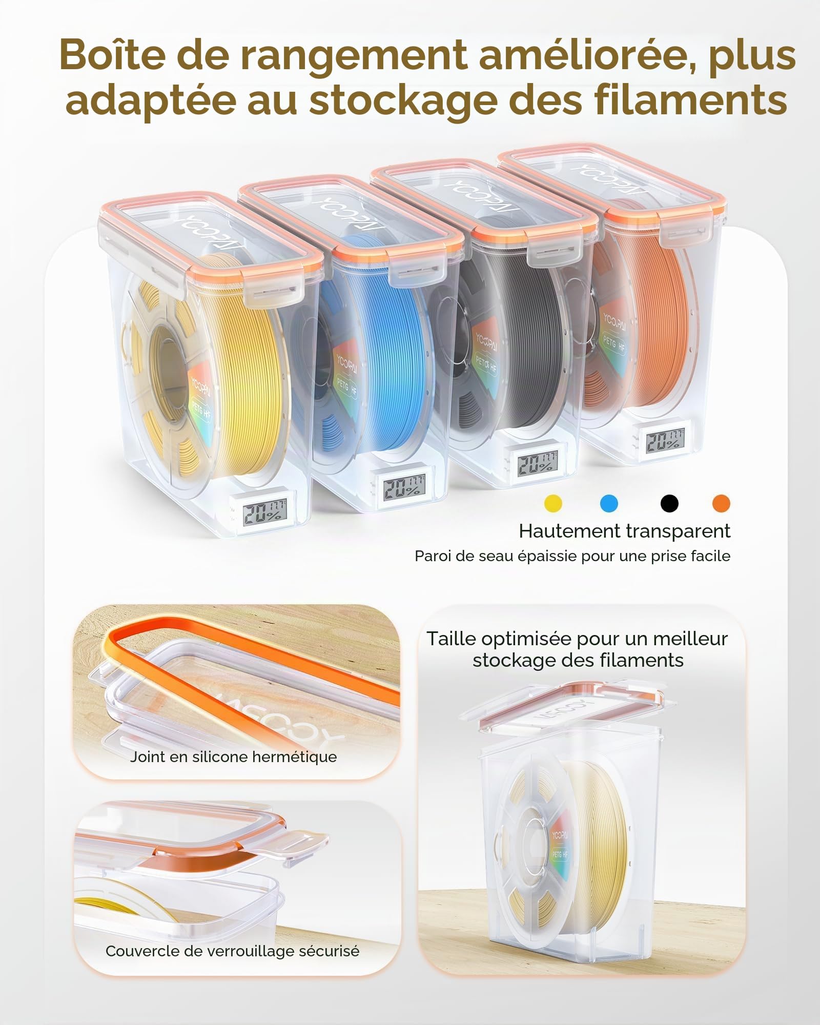 YOOPAI Boîte de rangement pour filament Pro avec moniteur de température et d'humidité, conteneur hermétique pour bobines de 1 kg et 1,75 mm, résistant à l'humidité et à la poussière pour le stockage