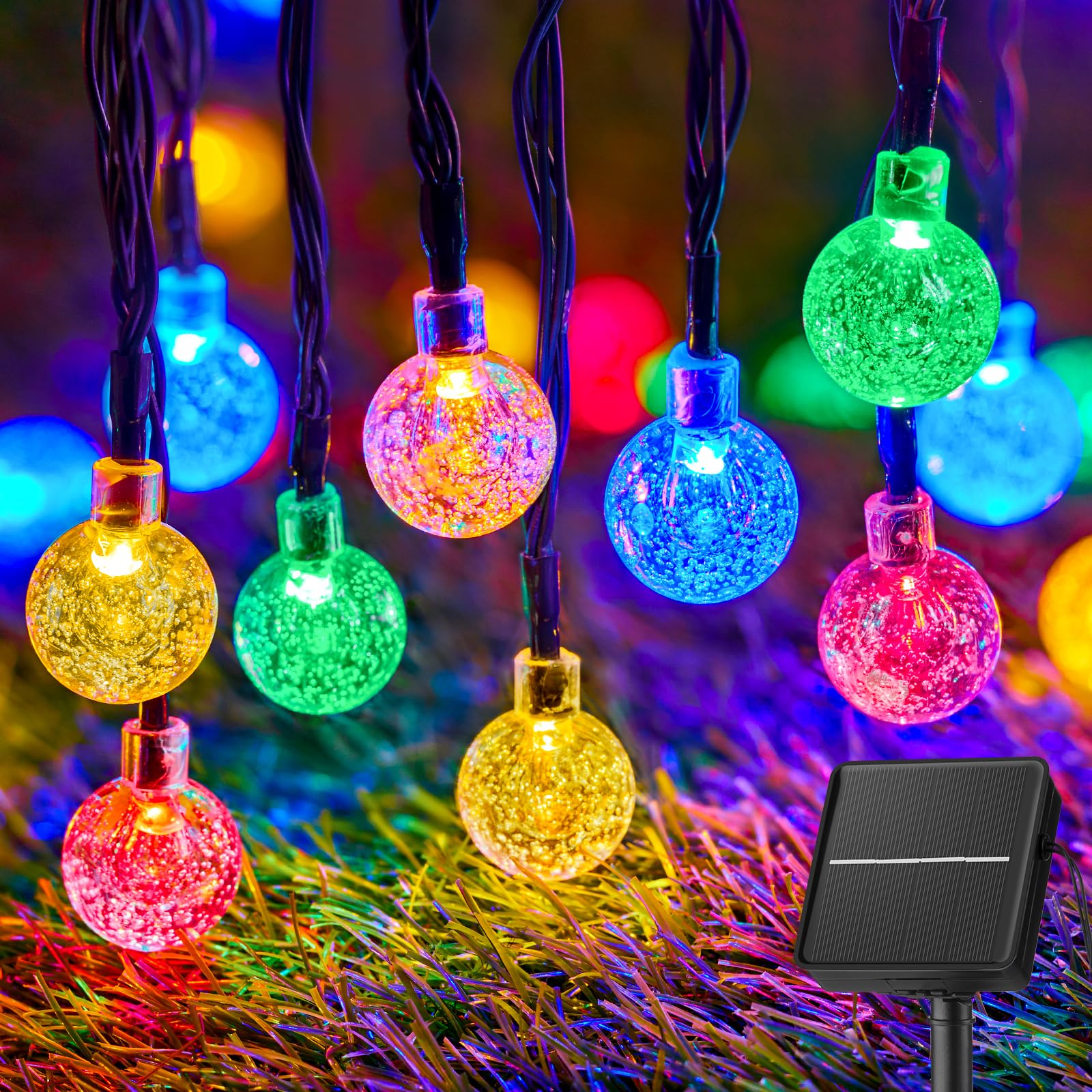 Brightown Solar String Lights Outdoor 60 Led 35.6 Feet Crystal Globe Lights with 8 Lighting Modes, Waterproof Solar Powered Patio Lights for Garden Yard Porch Wedding Party Decor (Multicolor)