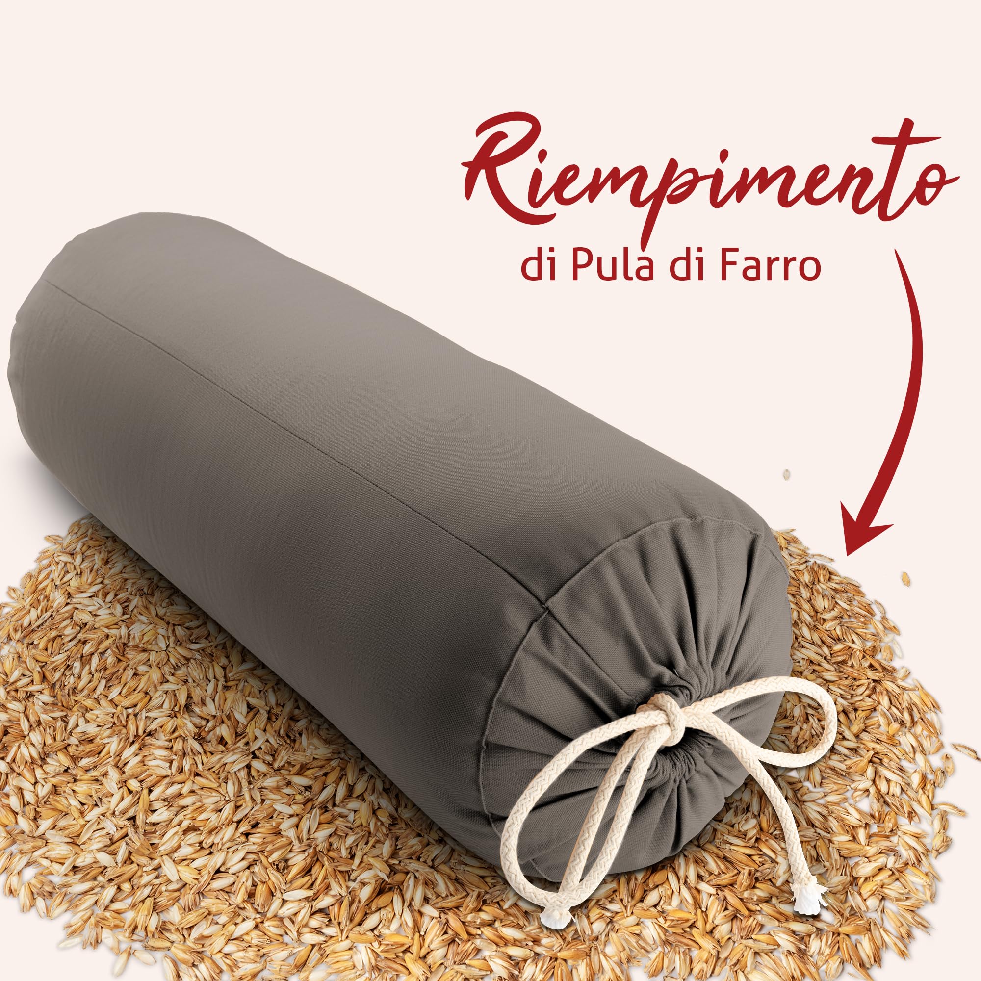 Cuscino Cilindrico Bolster Yoga | Cuscino Lungo | Ø24 cm | Imbottitura Pula di Farro | Rivestimento Lavabile 100% Cotone | Cuscino Meditazione | Cuscino a Rullo da Yoga Fatto a Mano