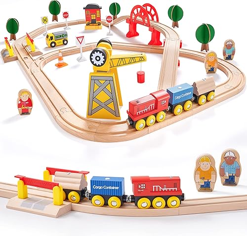 Miniatura 9 de Tiny Land 110 piezas de juego de tren de madera – Tren de juguete con vías para niños de 3 a 7 años, compatible con las principales marcas, ideal
