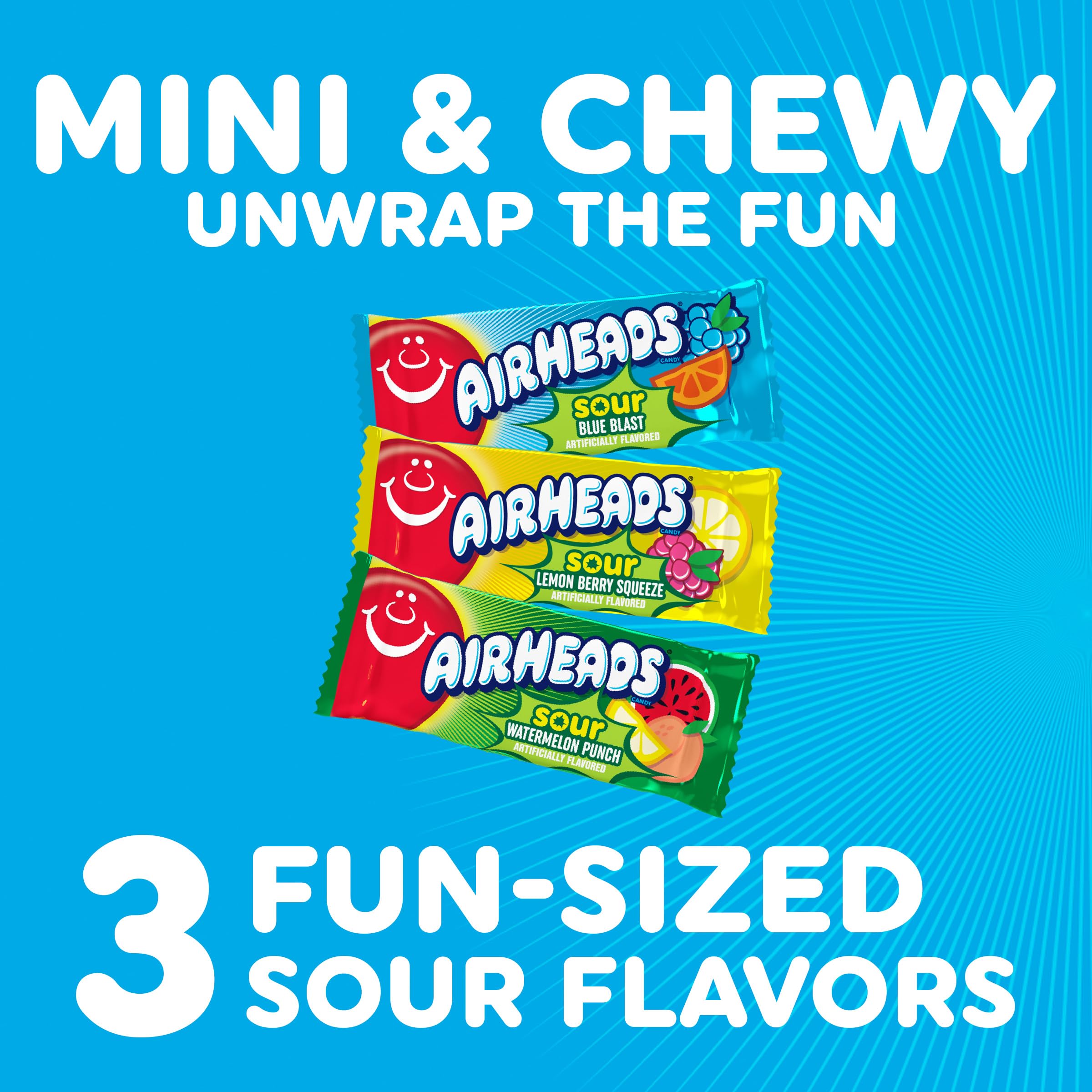 Airheads Mini SOURS - Barras de caramelo, ponche de sandía agria, explosión azul y baya de limón exprimible, bolsa variada de 12 onzas
