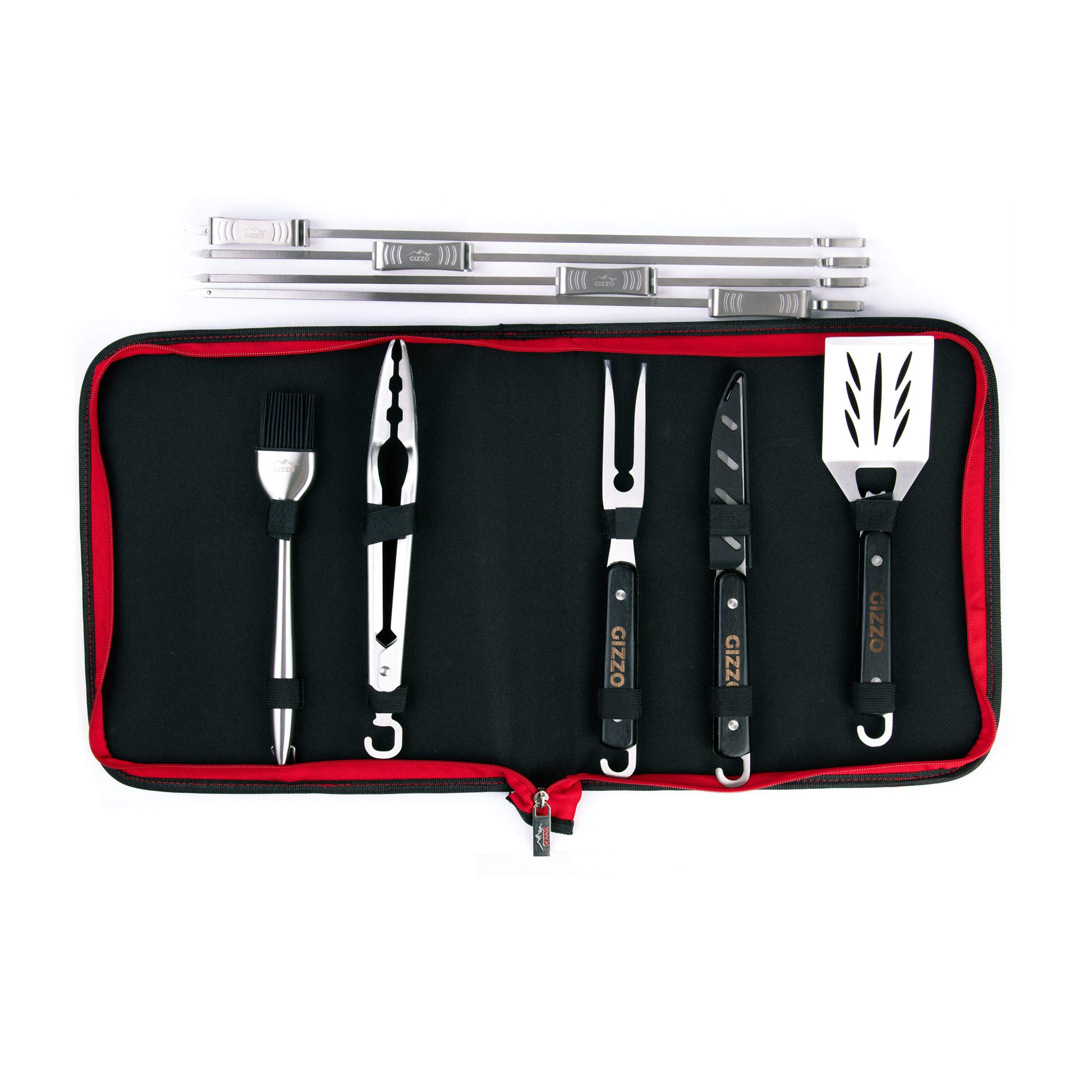 Gizzo Grill5X Tool Set with Wooden Handle + 4 Sliding Barbecue Skewers