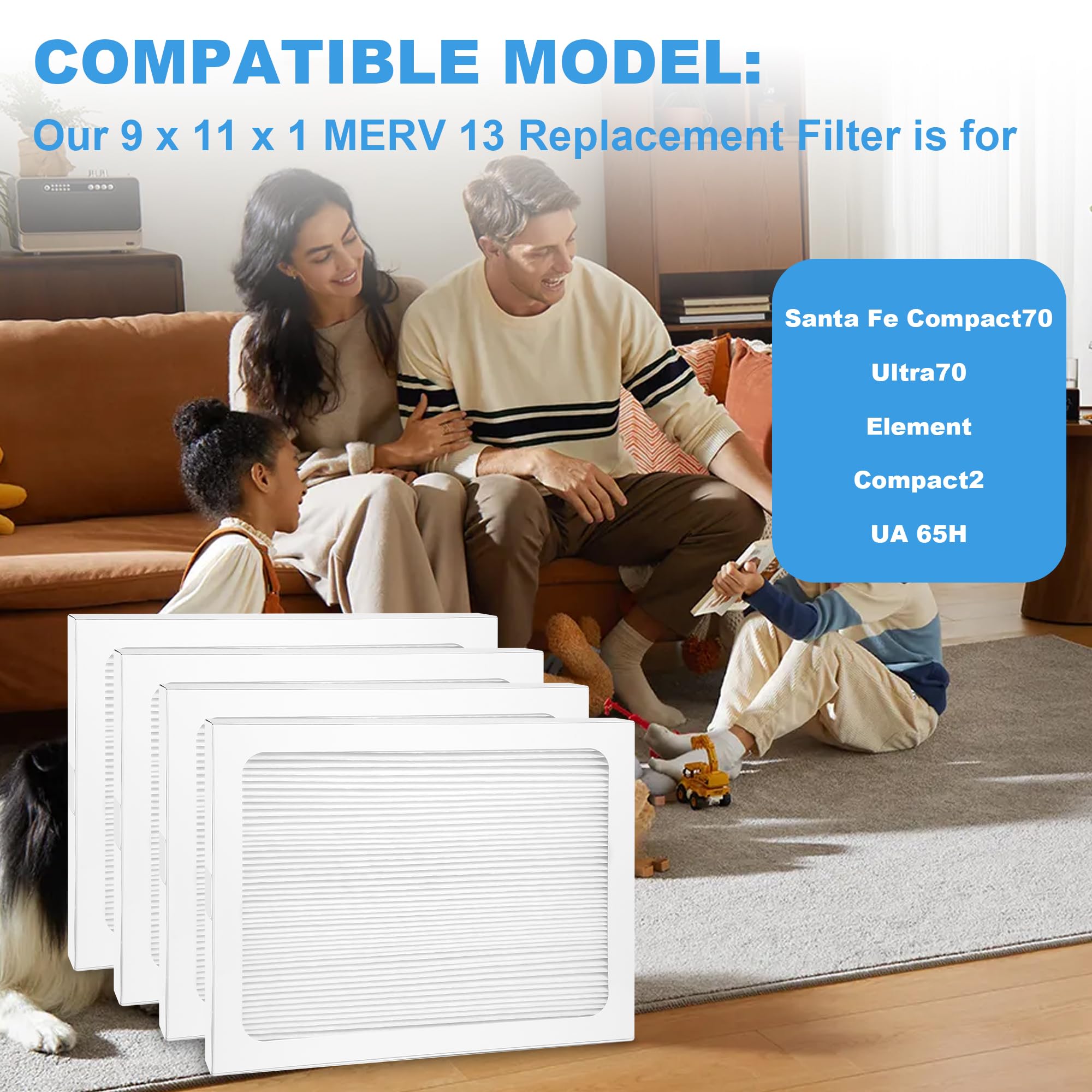 9 x 11 x 1 Dehumidifier Filter MERV 13 Compatible with Santa Fe Compact70, Ultra70, Element, Compact2, UA 65H dehumidifier Models, 4 Packs 2