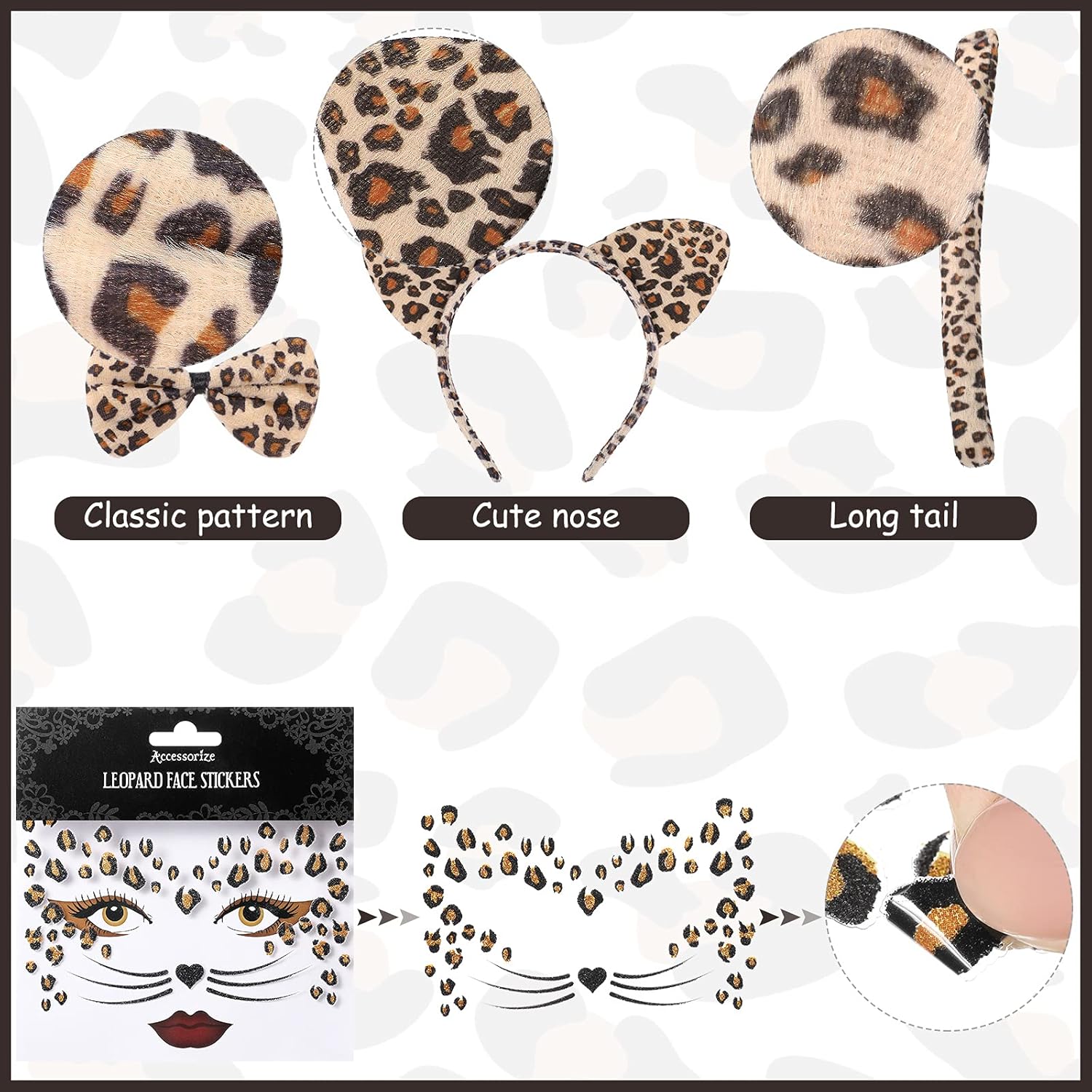 Janinka Cheetah Costume Set Dalmatian Dog Ears Headband Cheetah Leopard Cat Tail Bow Tie Face Stickers for Halloween Cosplay - Image 3