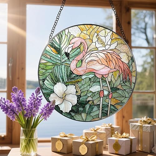Miniatura 6 de Adorno colgante de vitral de 8 pulgadas, adorno de atrapasoles de vidrio de flamenco, decoración de ventana de atrapasoles Regalos de inauguración